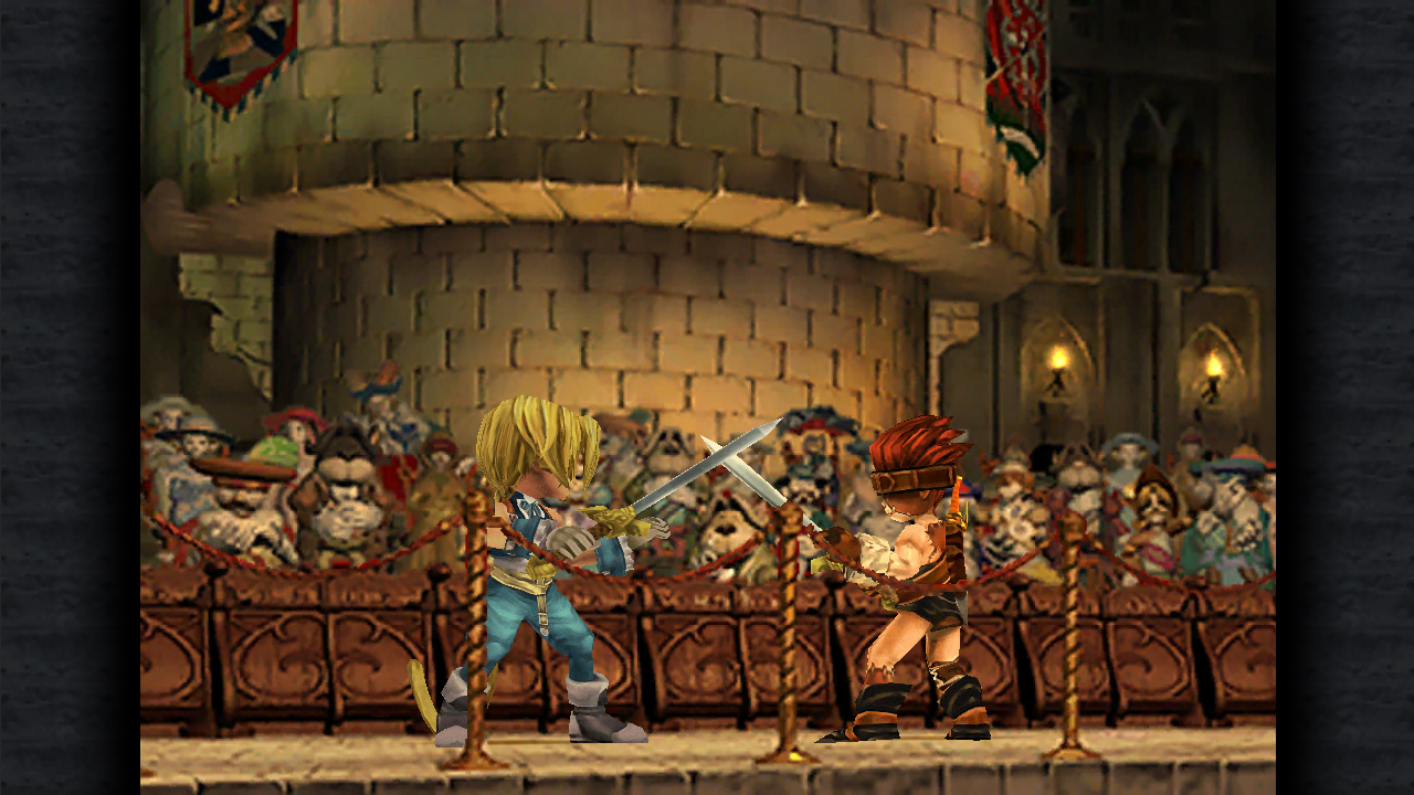 Zidane faces an opponent on a theatre stage before a crowd.