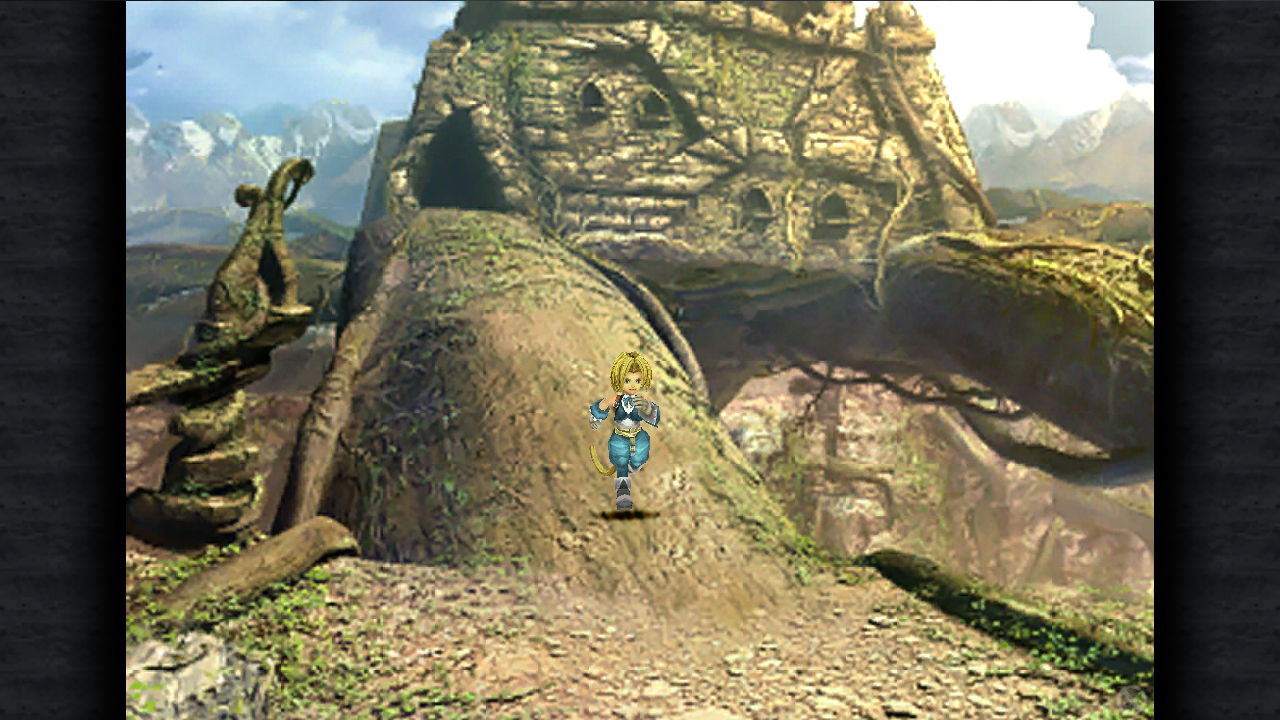 A character walks across a broad stone bridge in a mountainous landscape.
