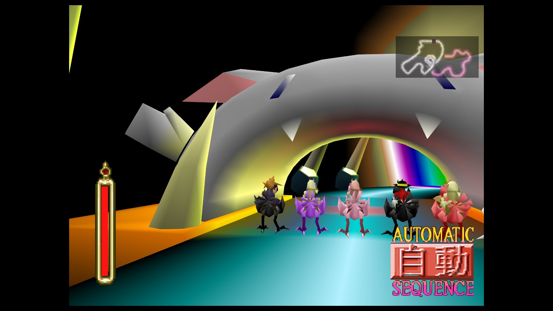 A group of characters stands before a brightly coloured structure in a minigame.