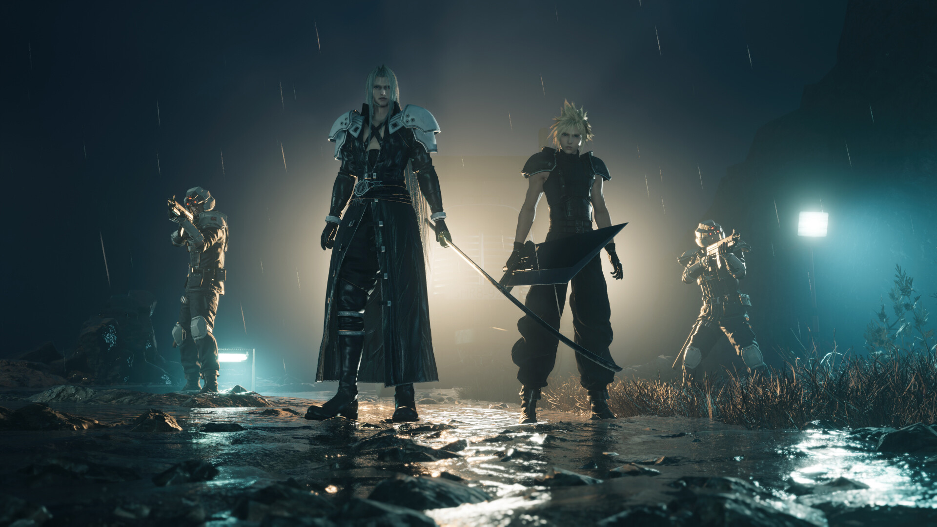 Cloud faces Sephiroth in a rain-soaked confrontation.