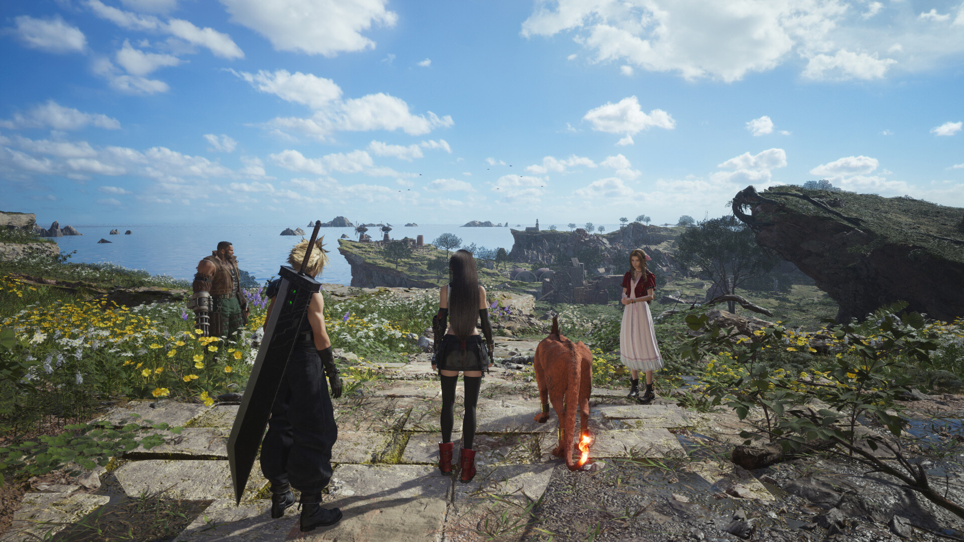 Cloud and companions look across a sunlit coastal region.