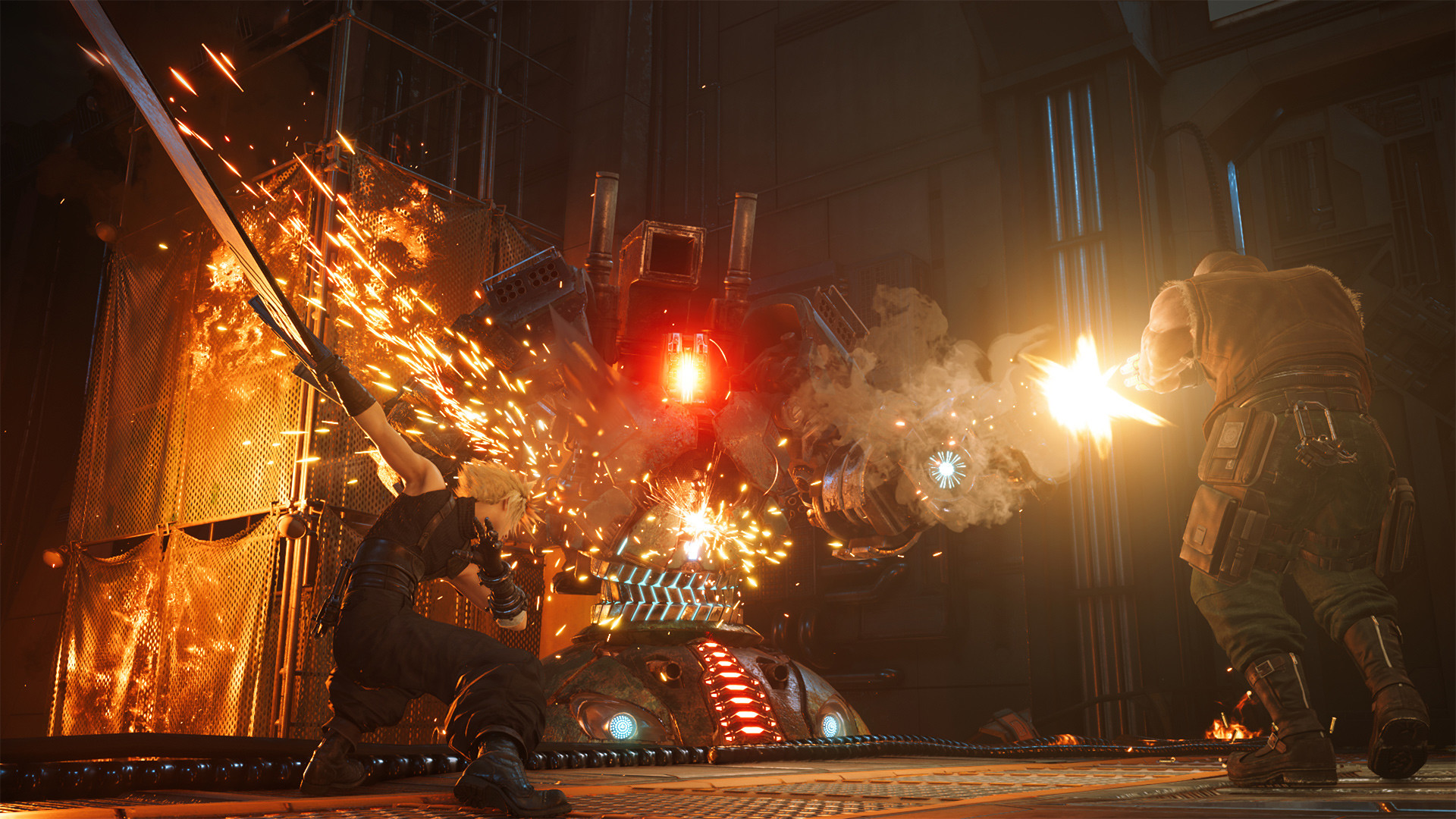 A sword fight erupts inside a burning Shinra facility.