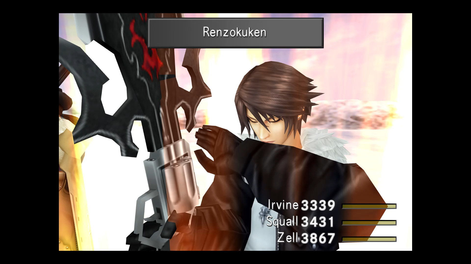 Squall performs a sword attack during a party battle.