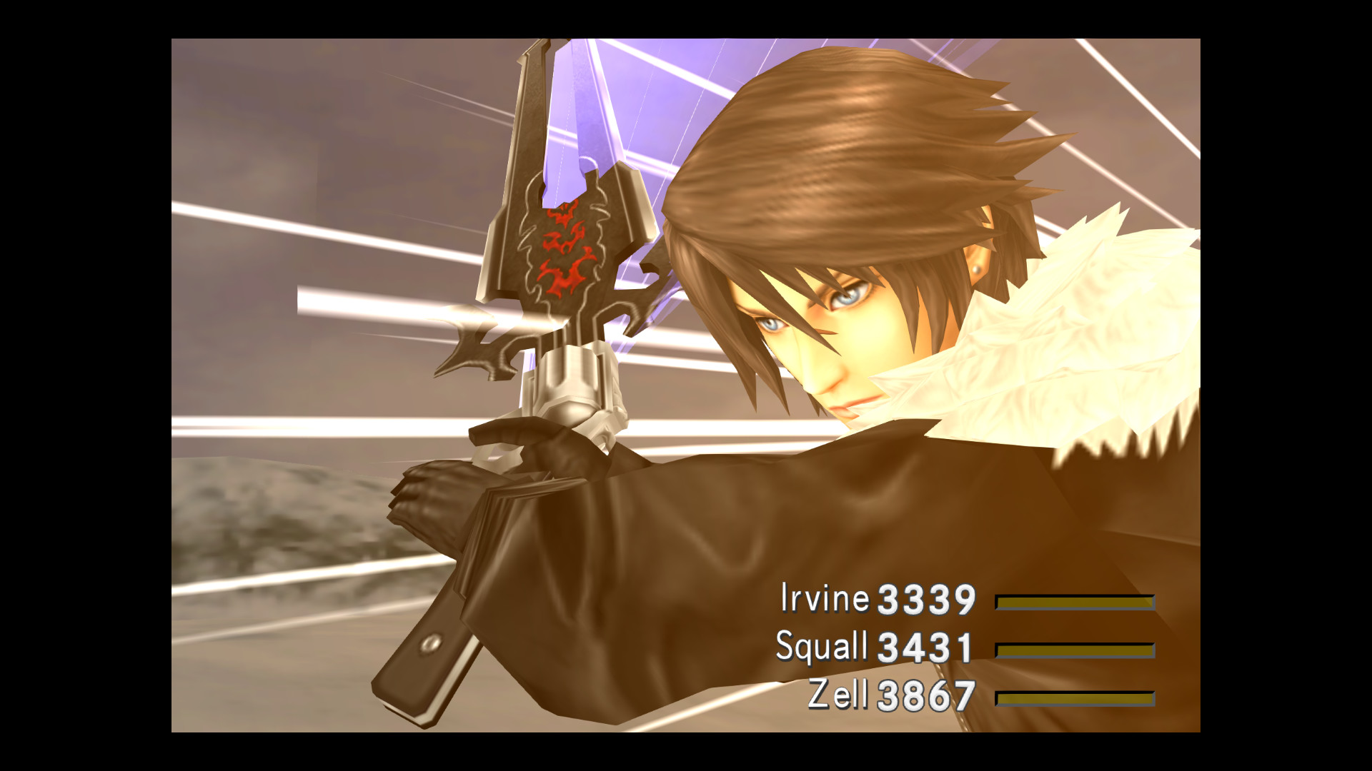 A close view of Squall appears during combat.