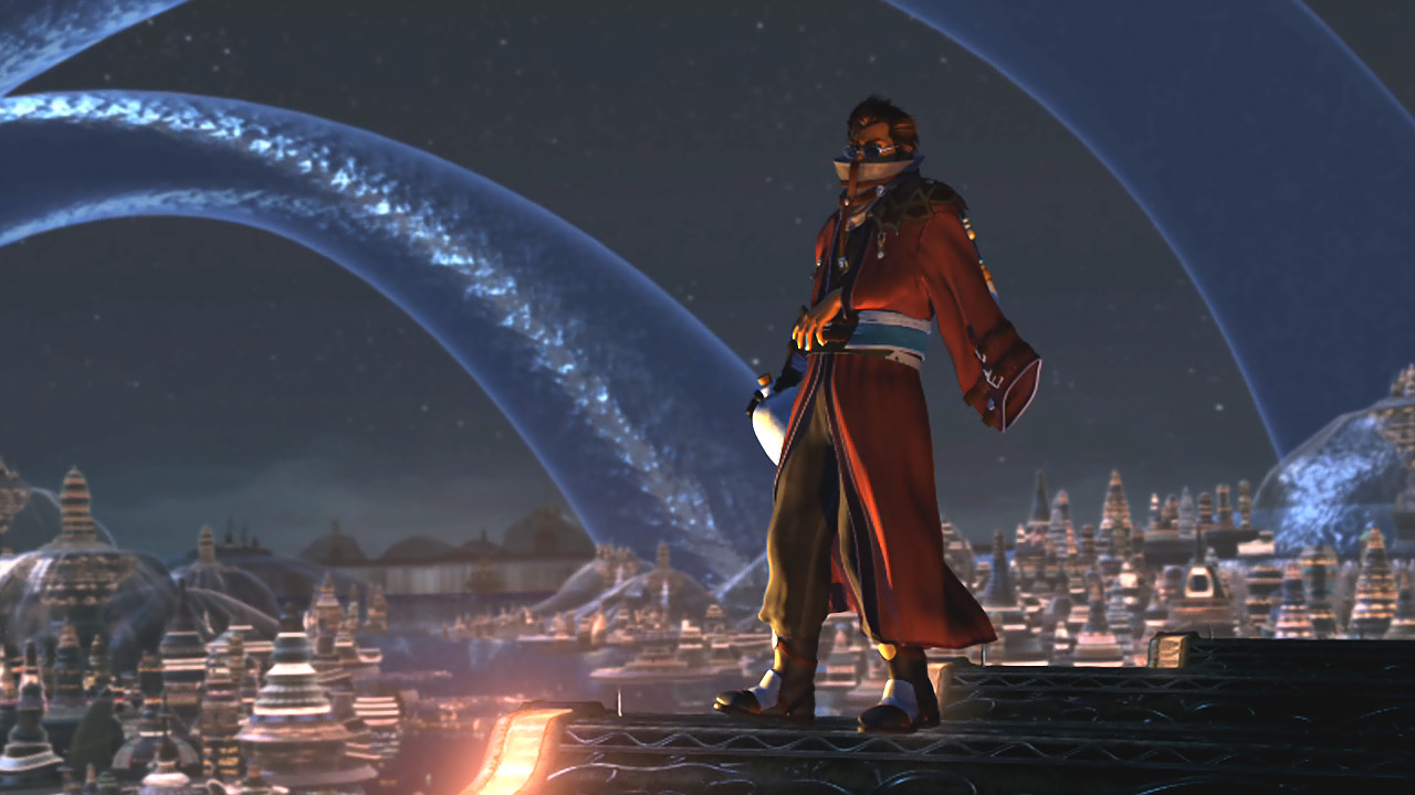 A robed character stands before a city beneath a sweeping band of light.