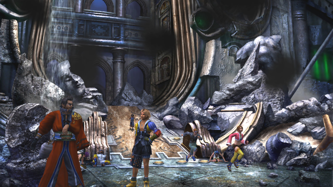 Party members gather among the ruins of a stone building.