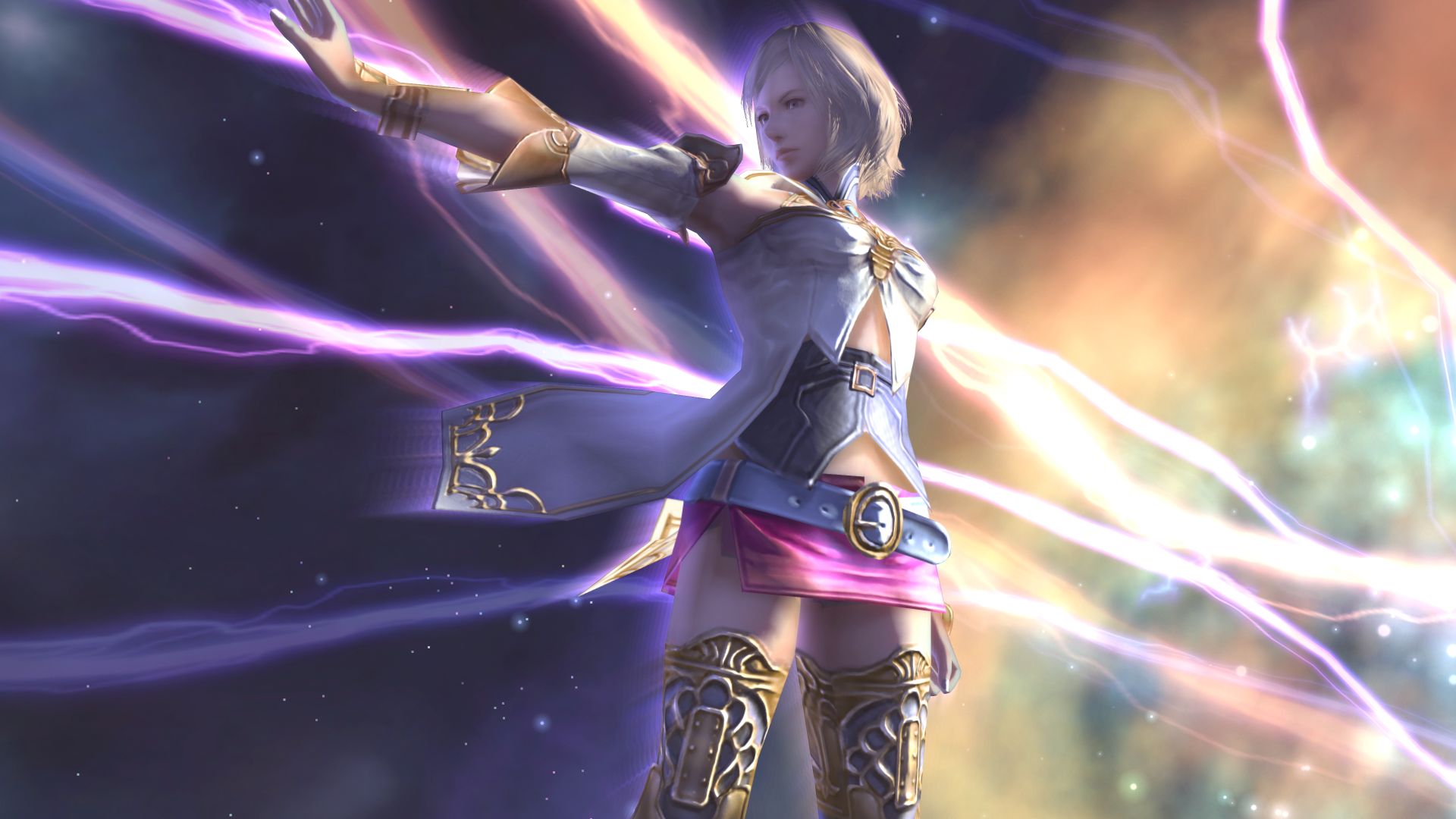 A white-haired character poses amid purple light.