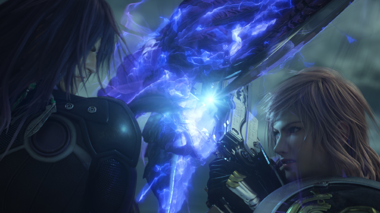Two characters face one another beside a bright blue energy effect.