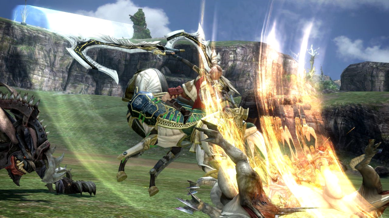 A mounted character attacks an enemy on a grassy battlefield.