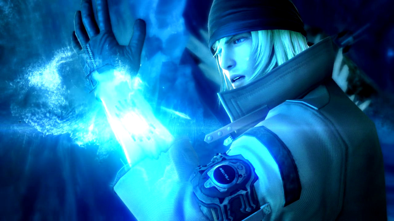 A character raises a hand surrounded by bright blue energy.
