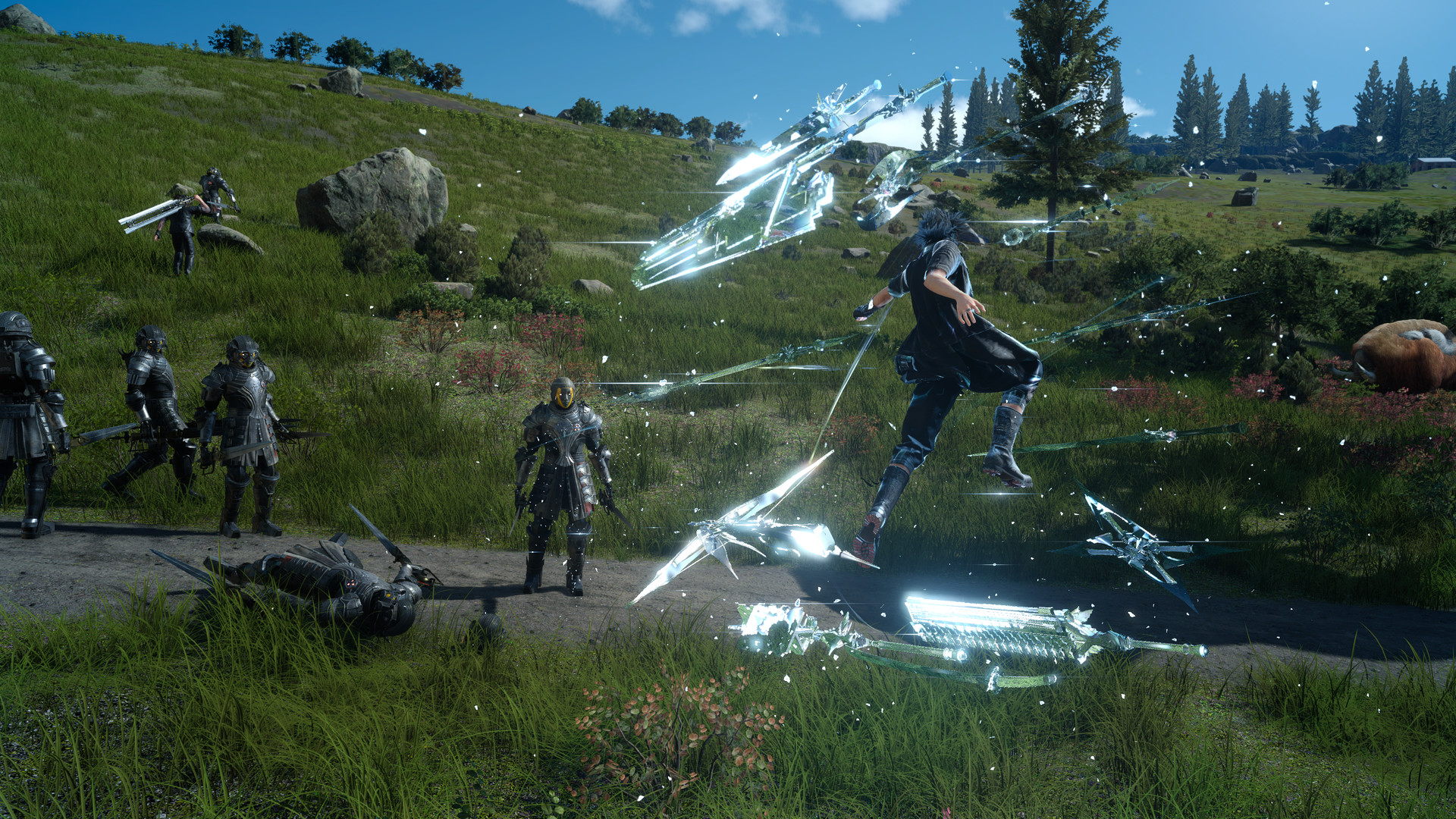 Noctis leaps into an attack with his companions nearby.