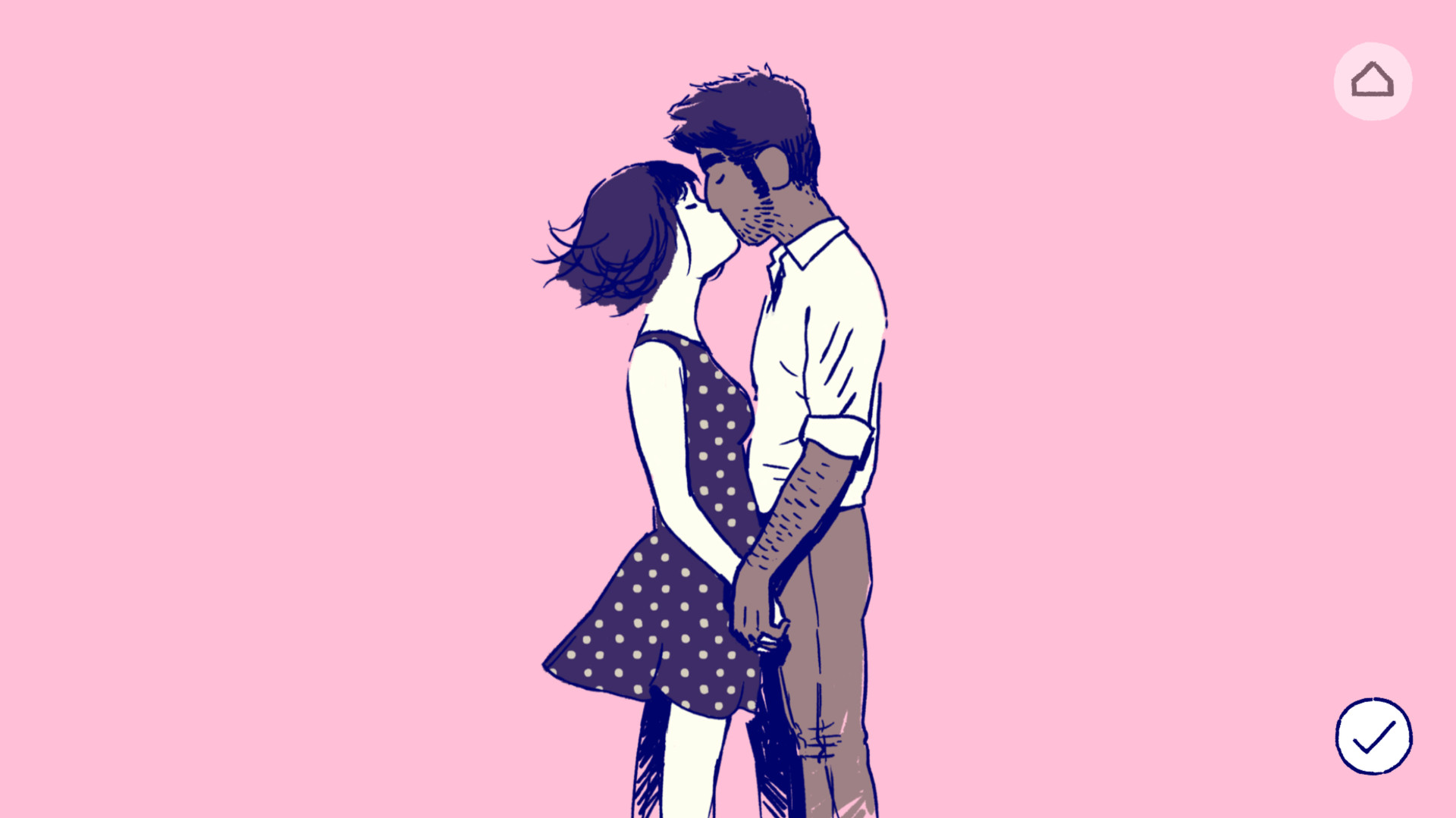 Florence and Krish kiss against a pink background.