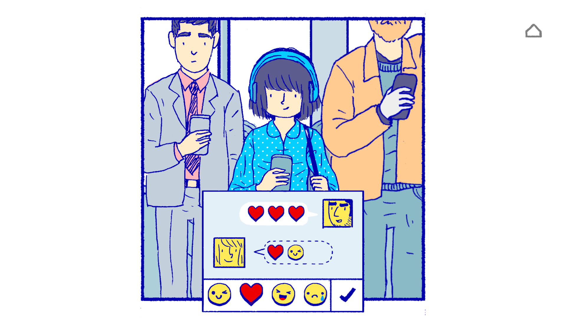 Florence stands between two figures above a phone-style conversation panel.