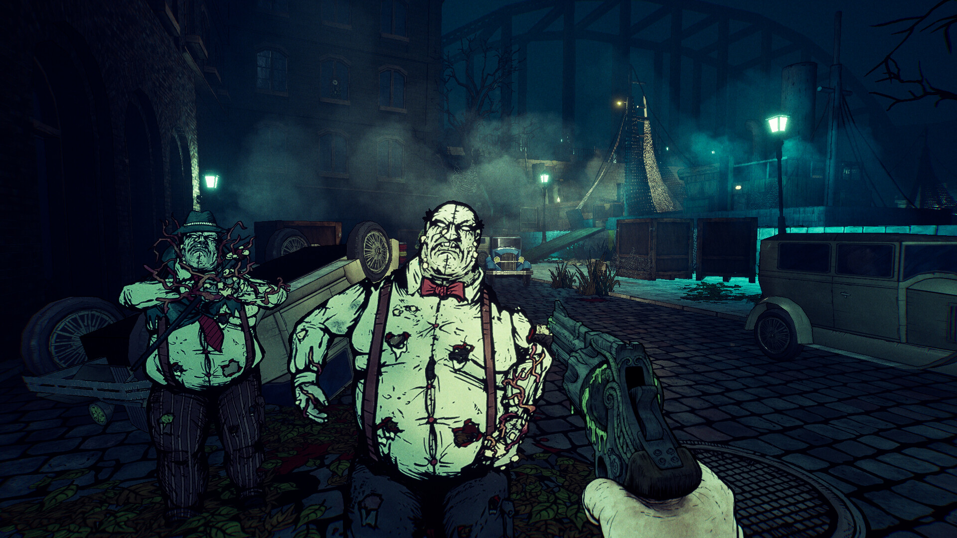 Several hostile figures approach the player on a dark street.