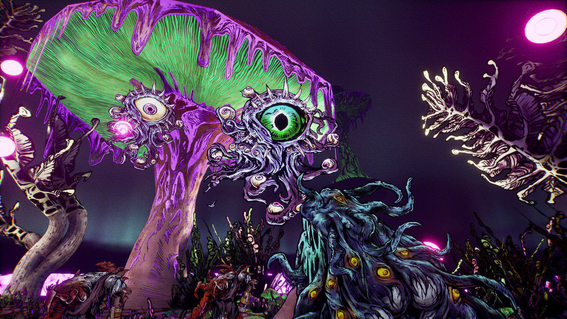 A giant many-eyed creature fills a purple-lit chamber.