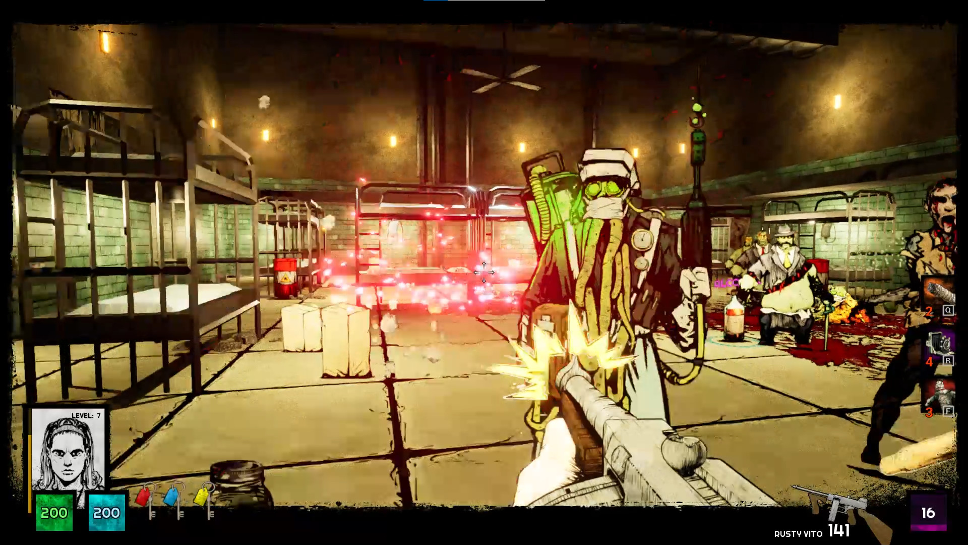 The player fires at enemies inside a brightly lit room.