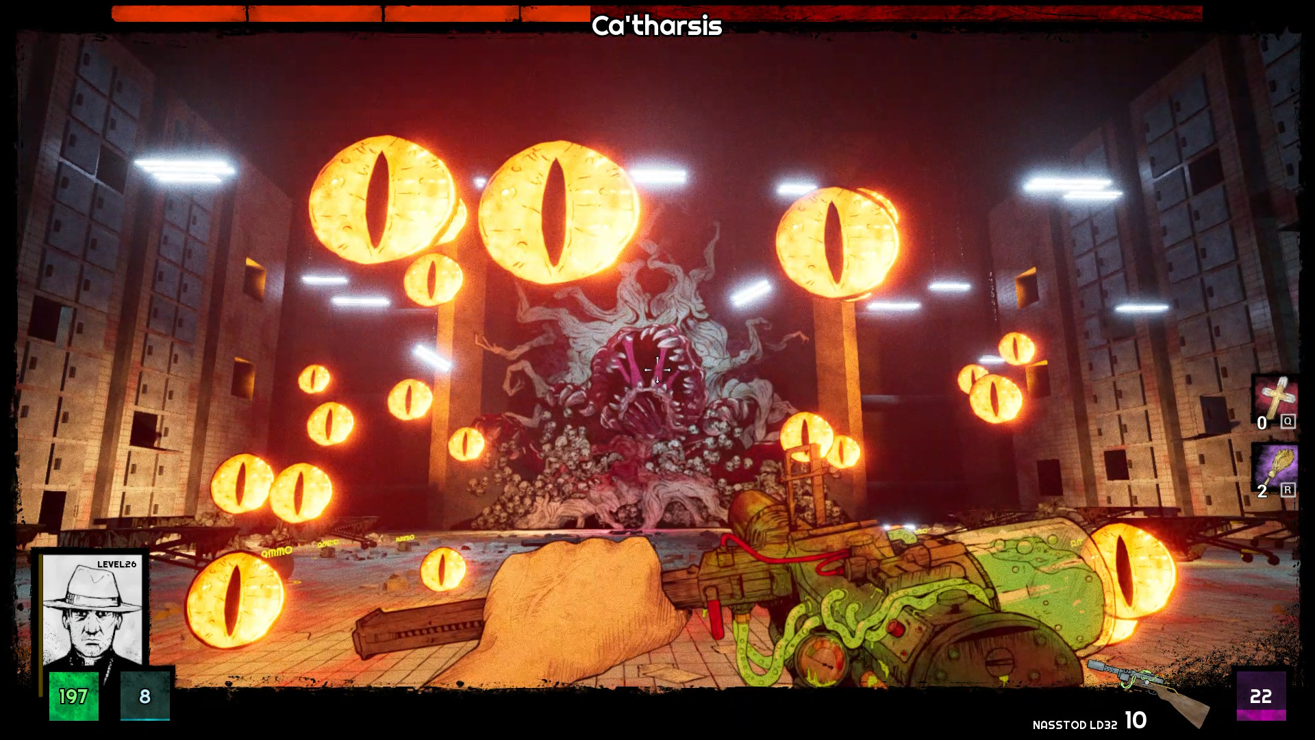 Glowing eyes surround a grotesque creature in a long hall.