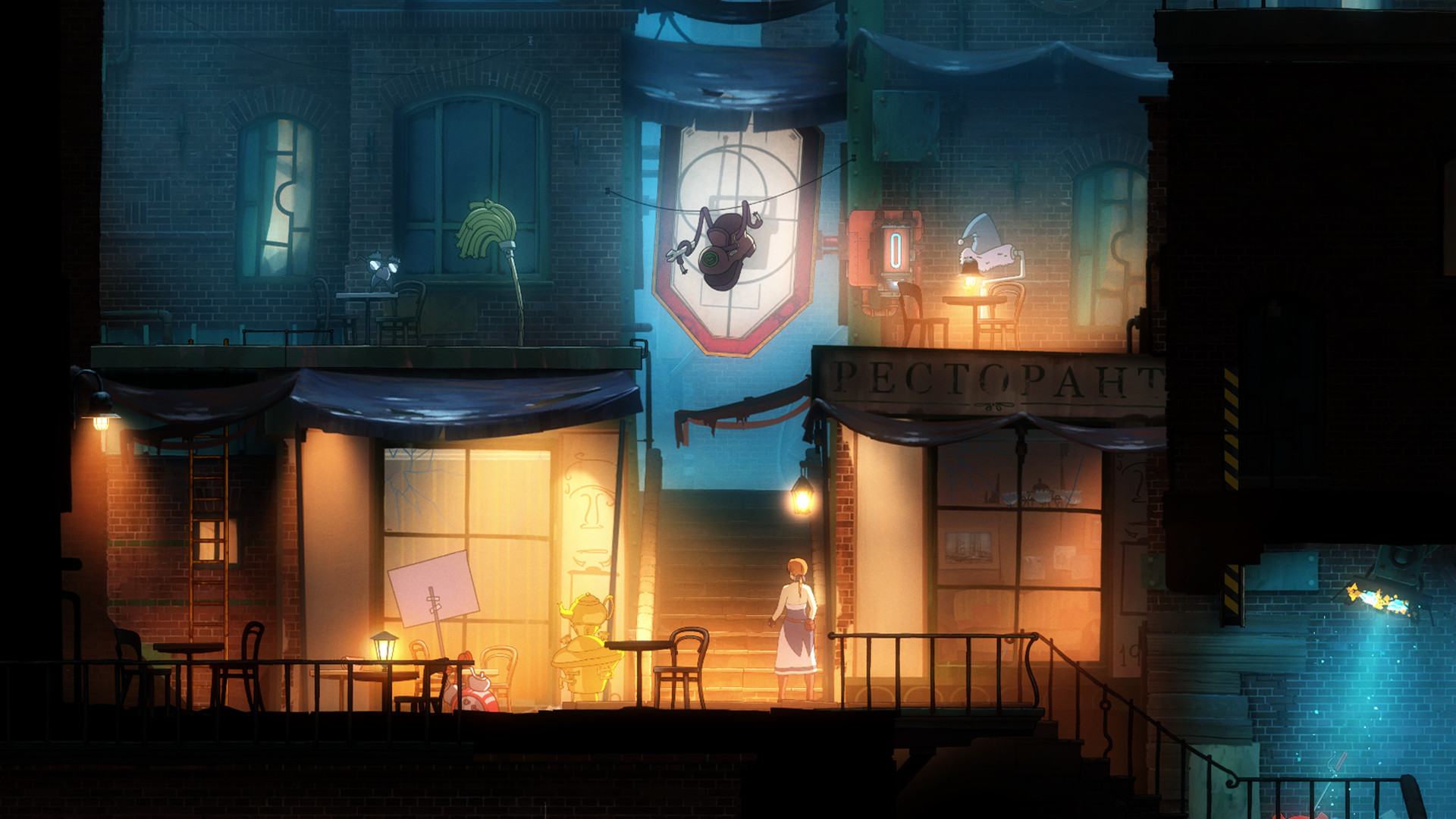 Anne stands on a night street beneath the lit buildings of the Forgotten Lands.