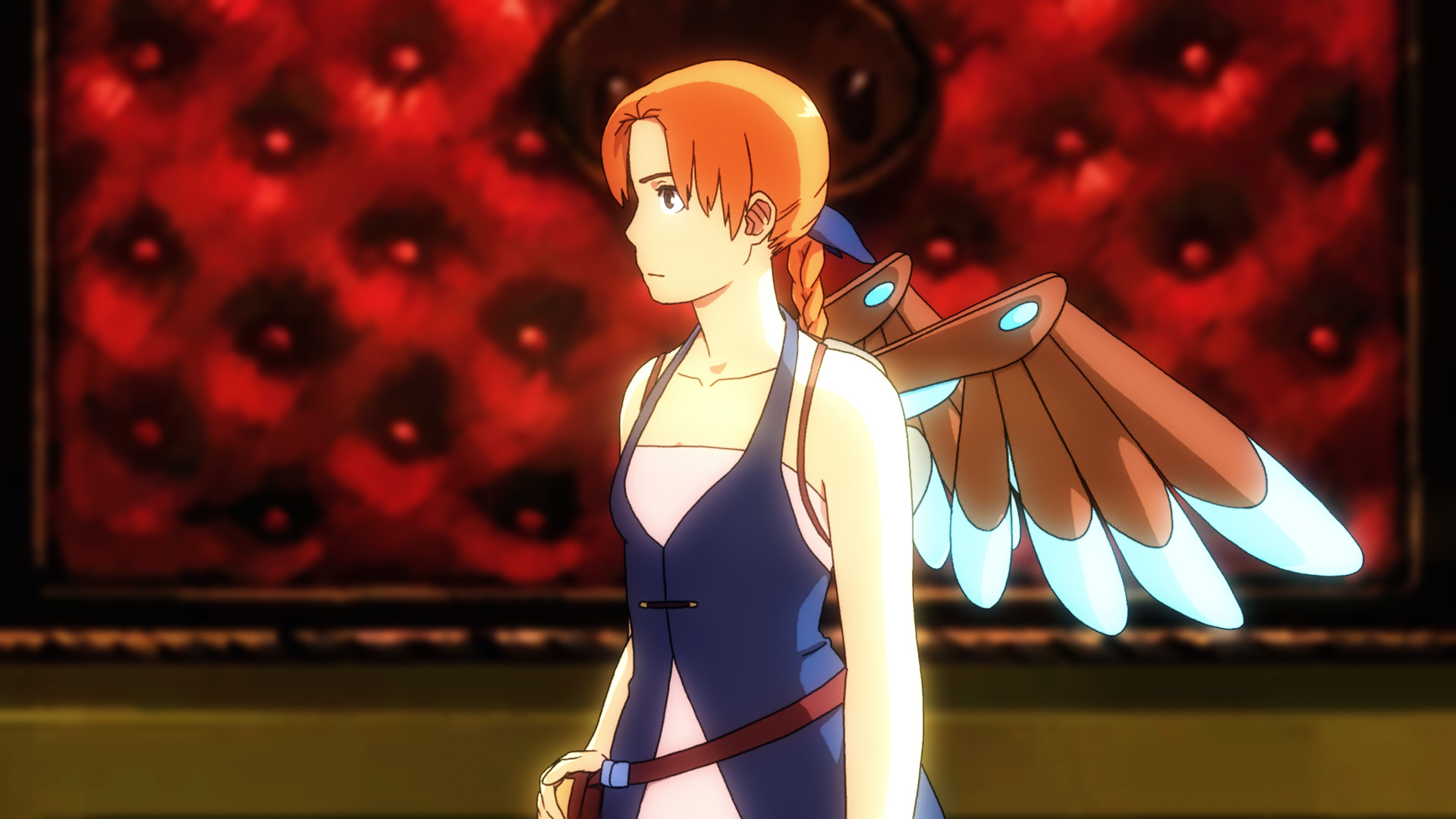 Anne stands with the wing-like device against a red background.