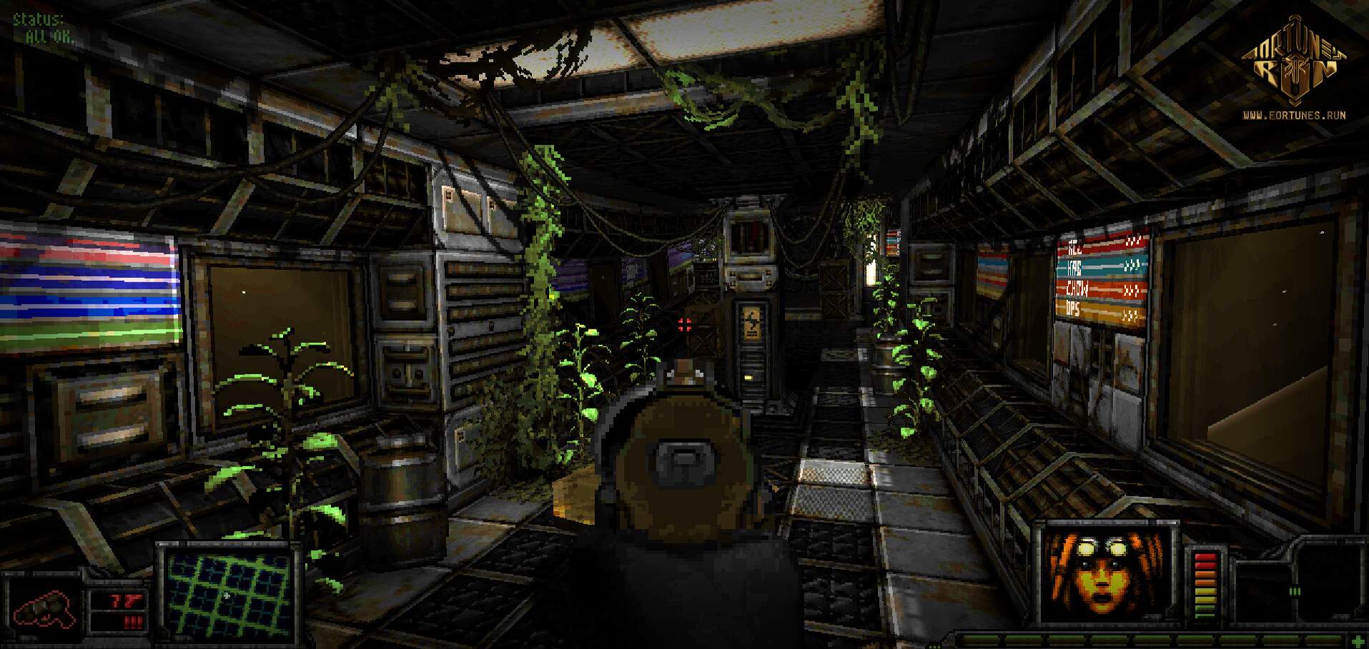 A weapon points down a narrow corridor lined with machinery.
