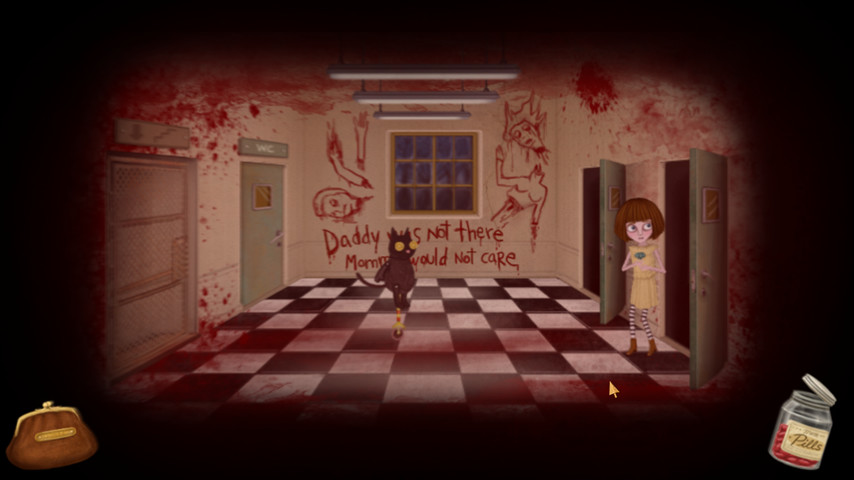 Fran stands in a room marked with red writing.
