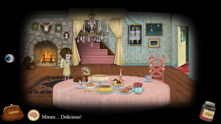 A child stands beside a tea table in a colorful interior.