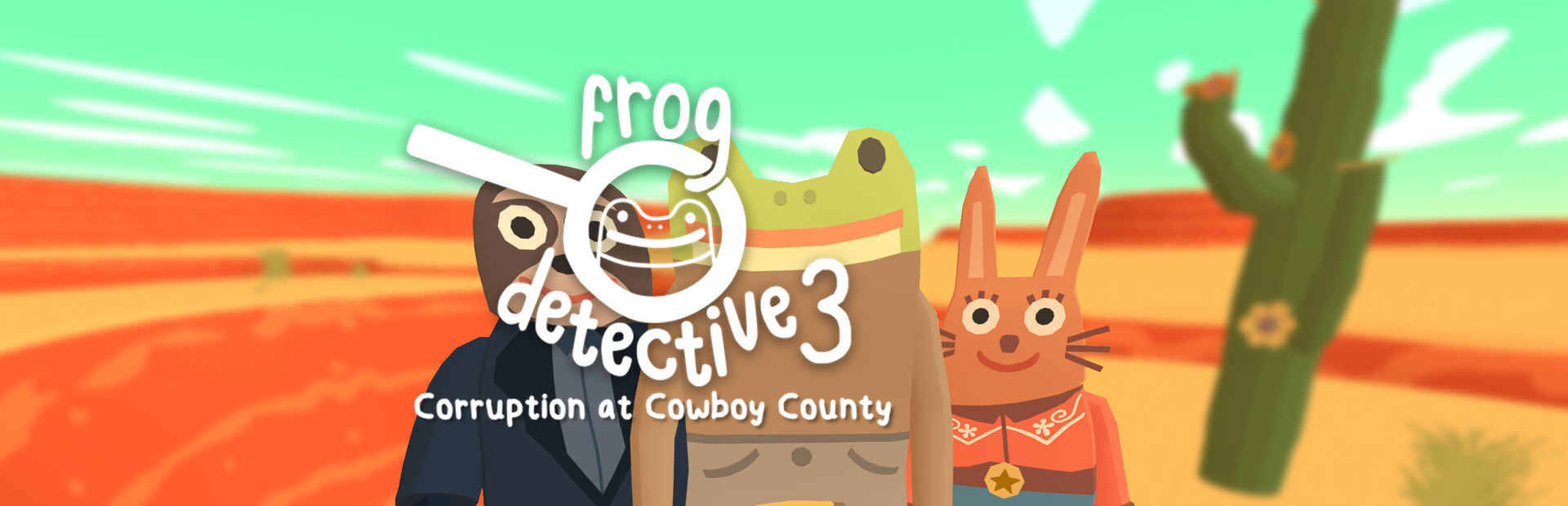 Official Steam library artwork places the Frog Detective 3 title over three illustrated characters in a desert.