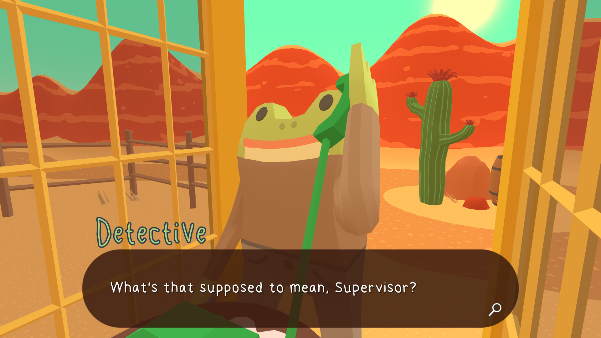 The Frog Detective questions the Supervisor beside a desert window.