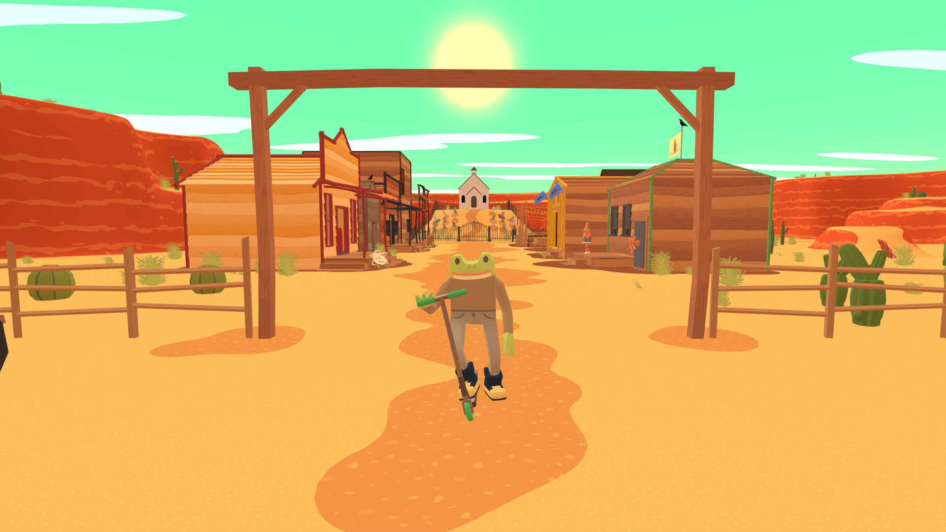 The Frog Detective stands at the entrance to a western-style town.