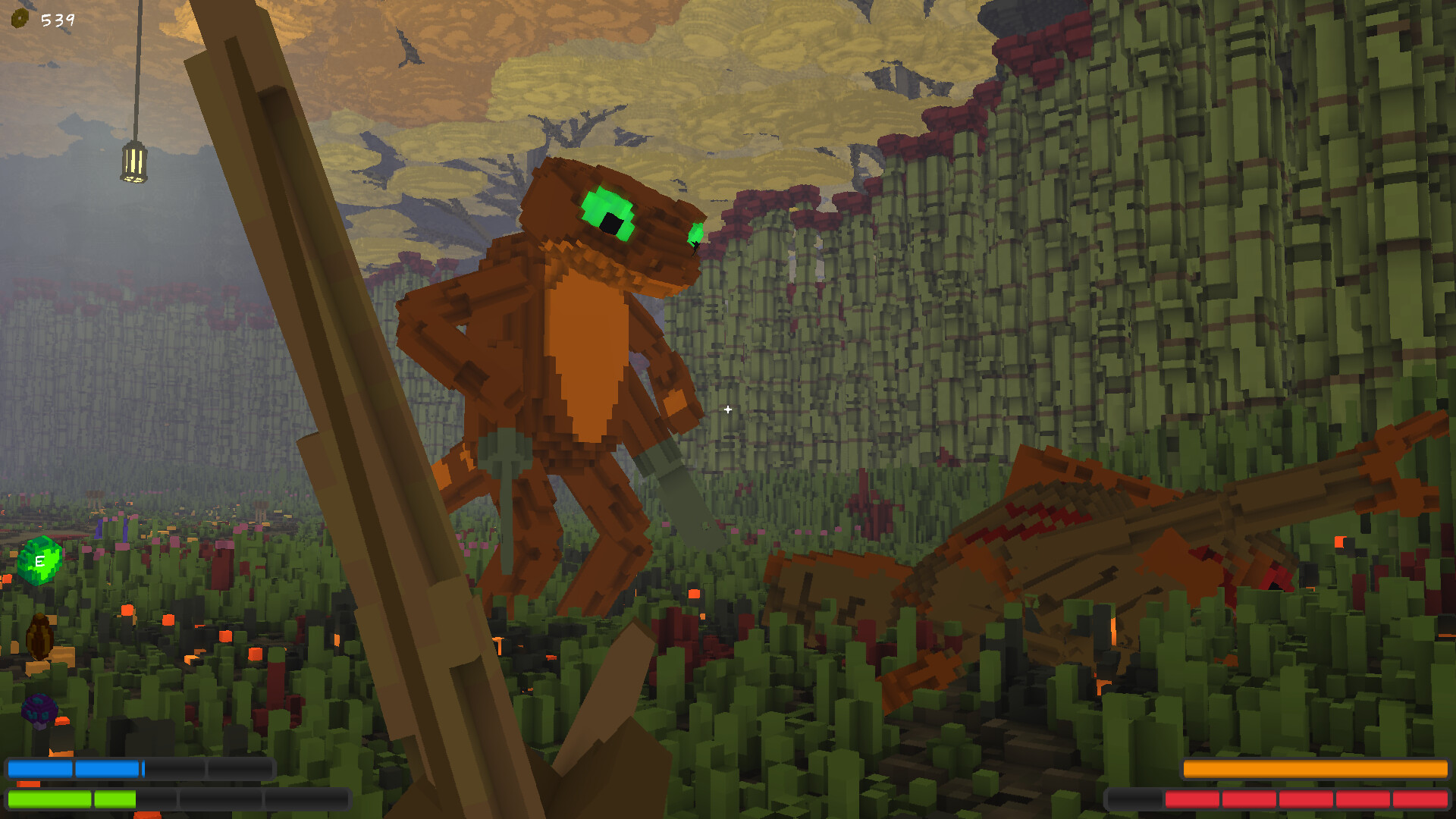 A large brown creature stands amid foliage and stone walls.