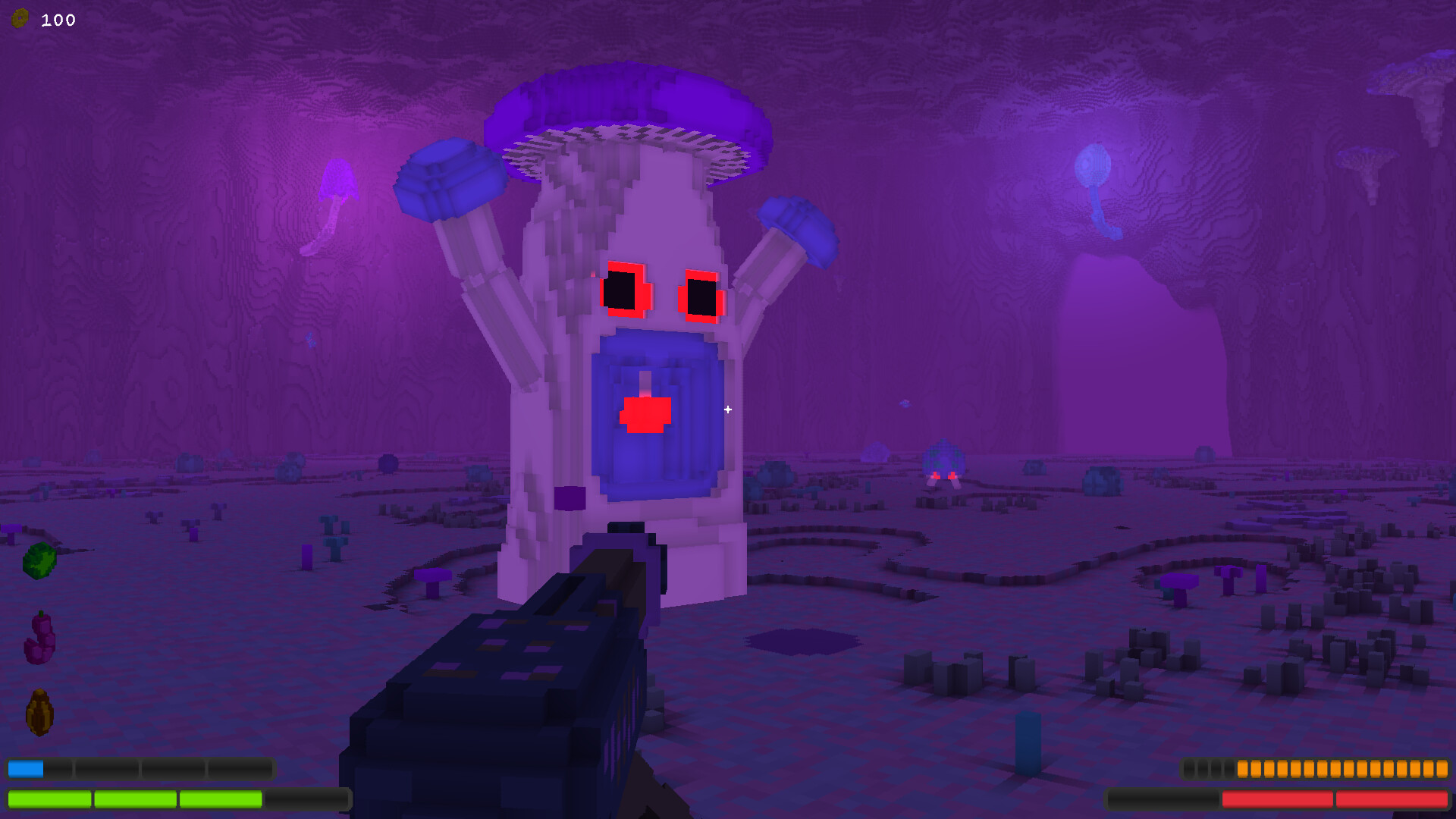 The player faces a purple creature in a cavern.