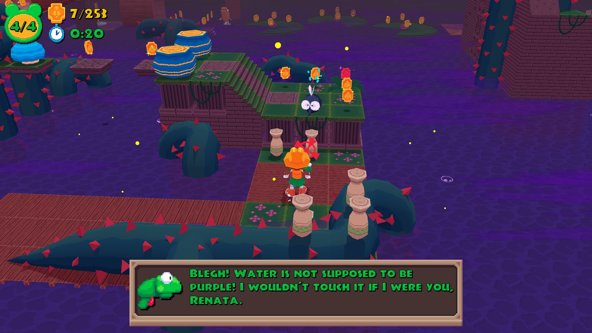 Renata faces a purple flooded platform course while her Frogun warns her about the water.