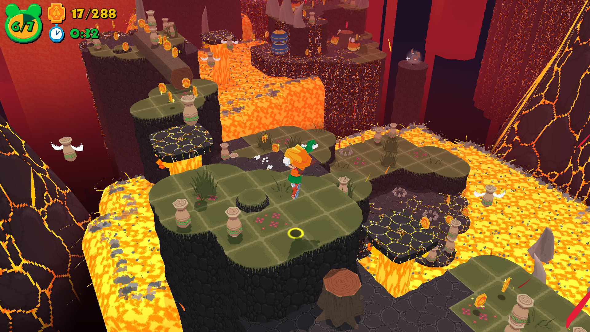 Renata aims the Frogun between small platforms above a lava-filled ruin.