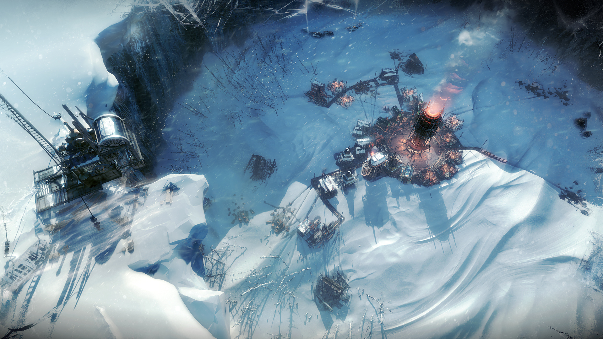 The city generator glows in a snowy crater.