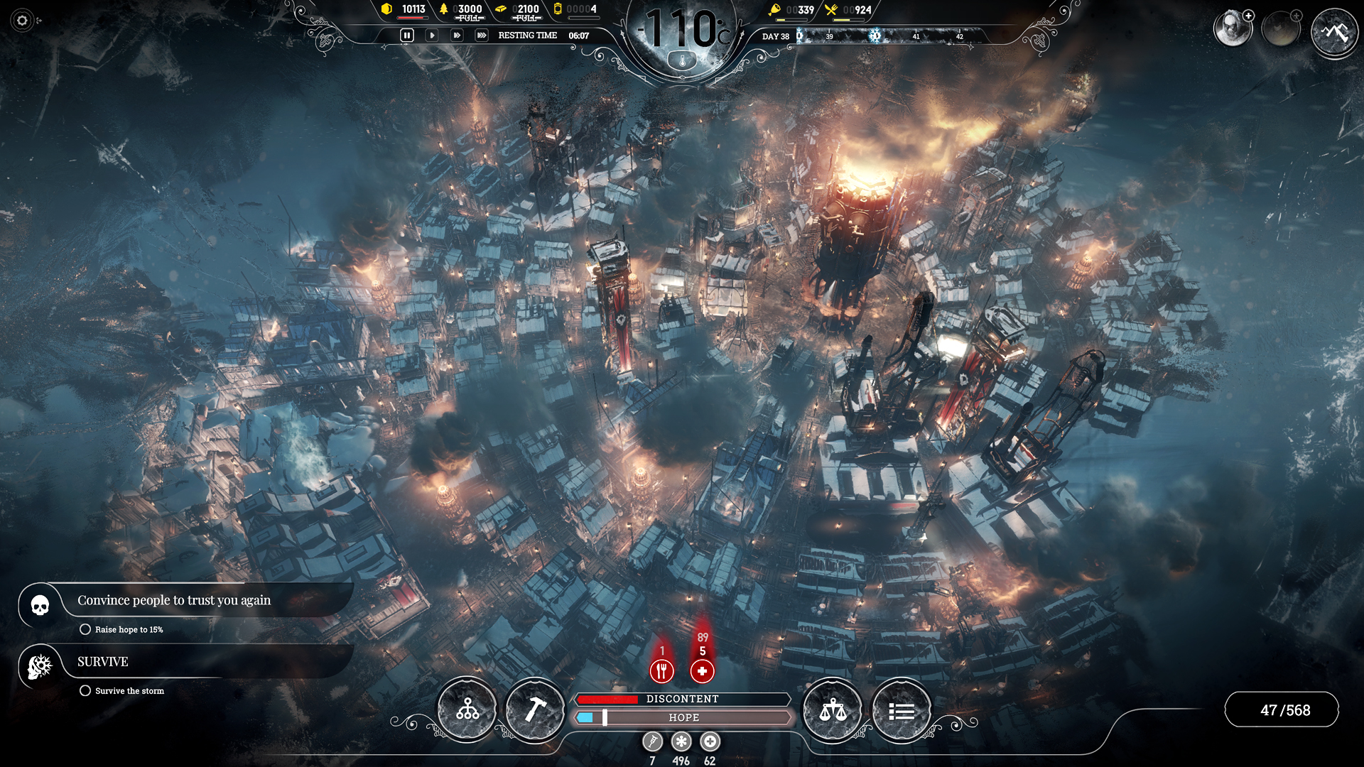 A crowded circular city surrounds the generator during a storm.