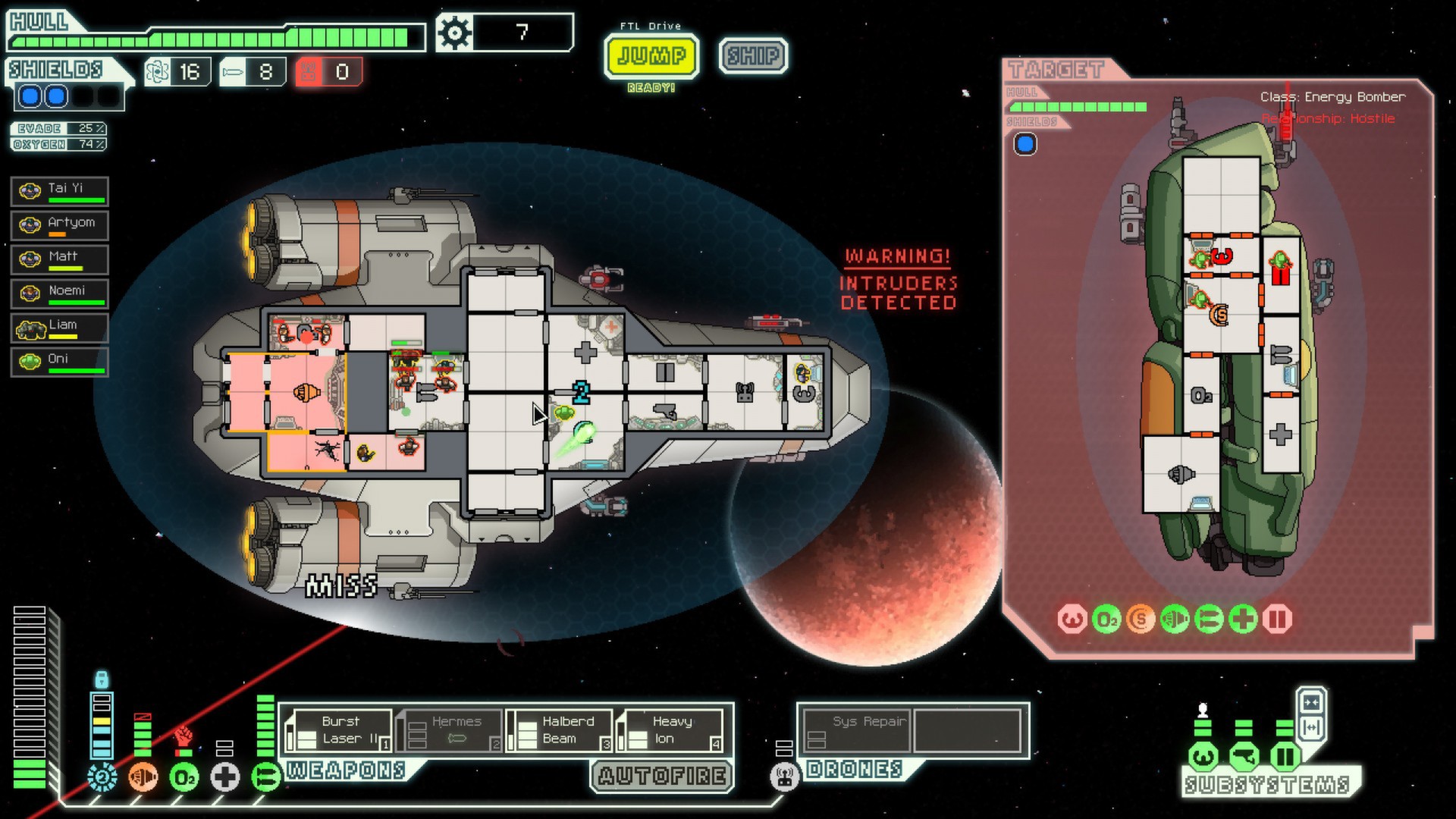 The player’s ship faces an enemy vessel while intruders move through its rooms.