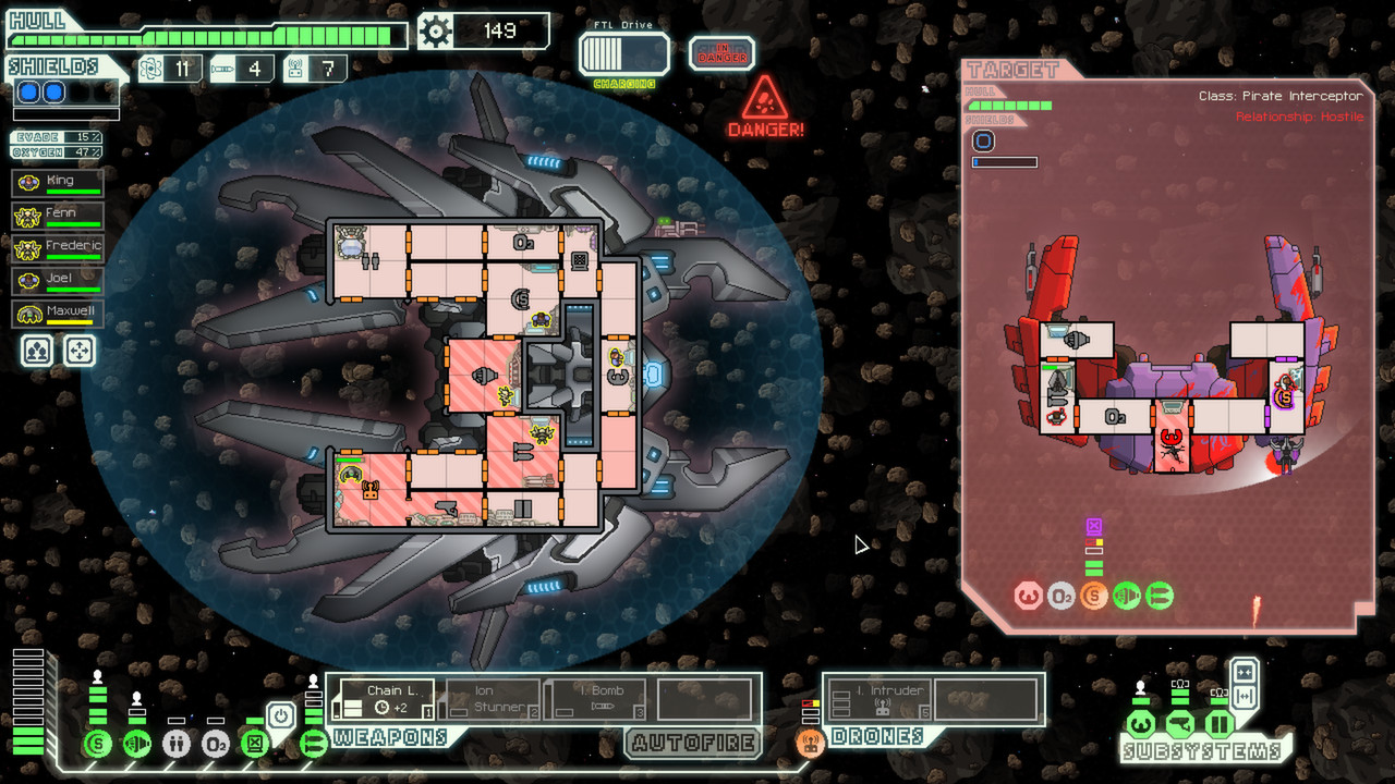 Crew and ship systems are visible during combat with an enemy interceptor.