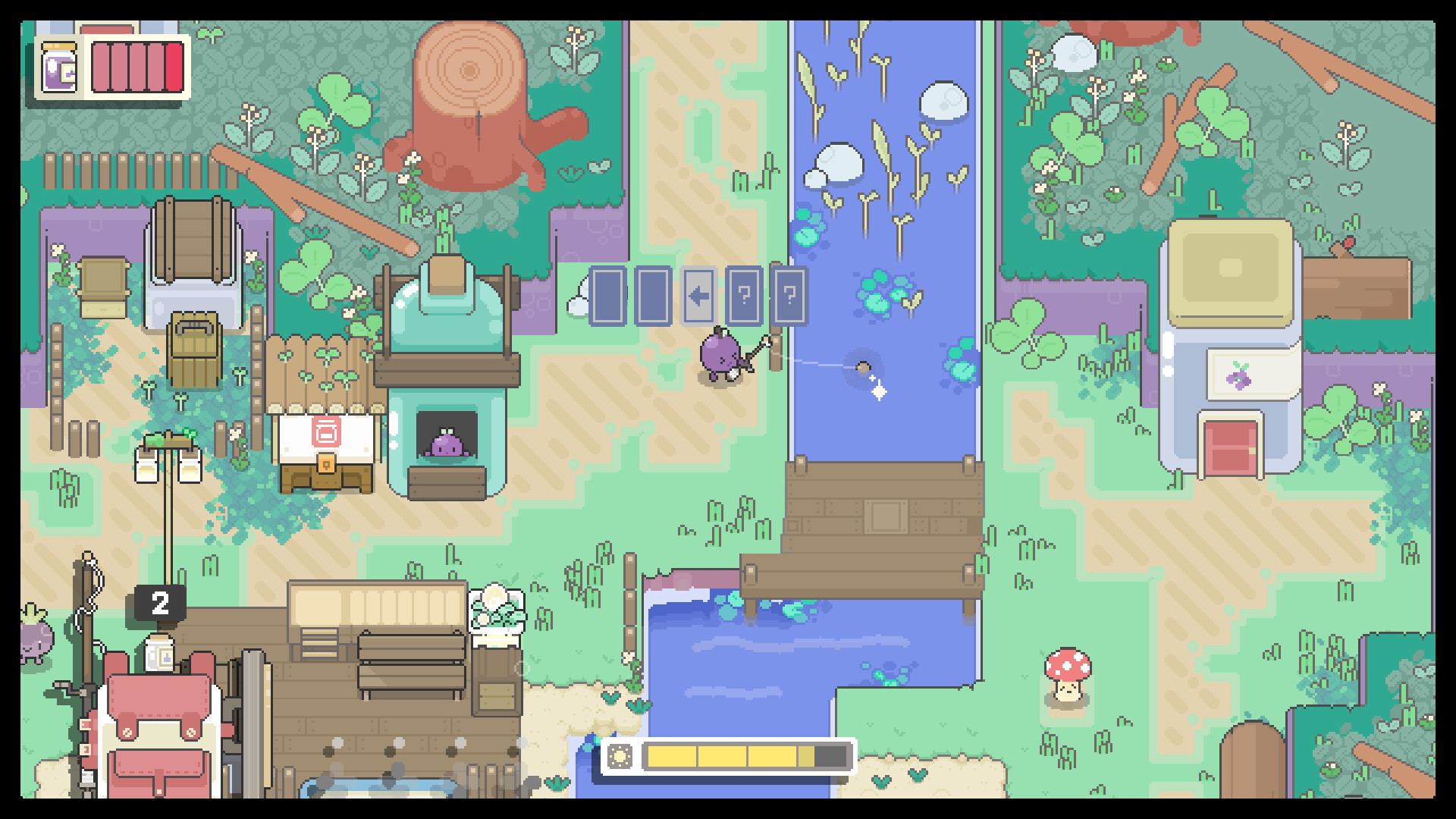 Concord stands beside a river and village buildings while using a tool.