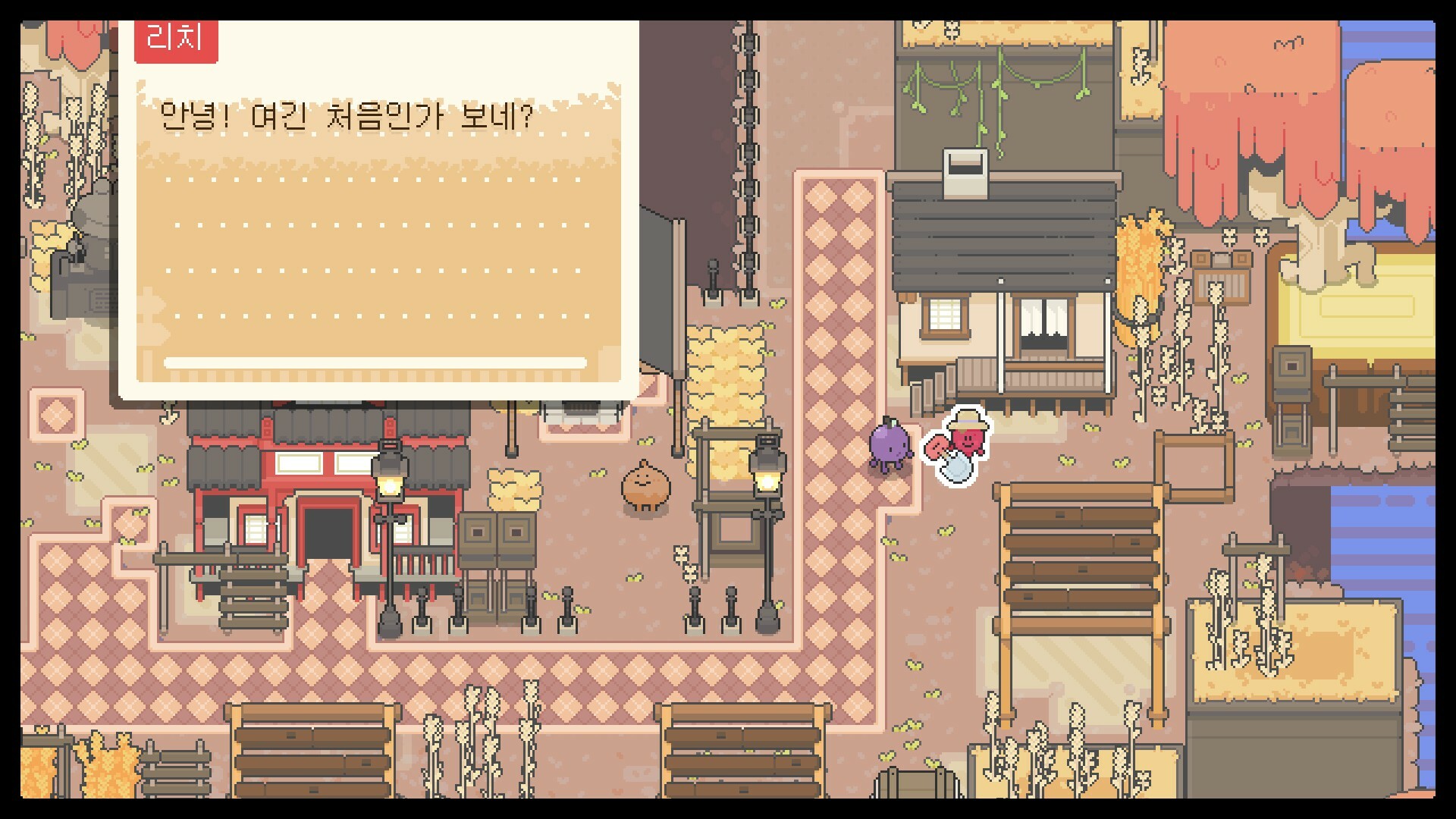 Concord speaks with a resident on a patterned town path.