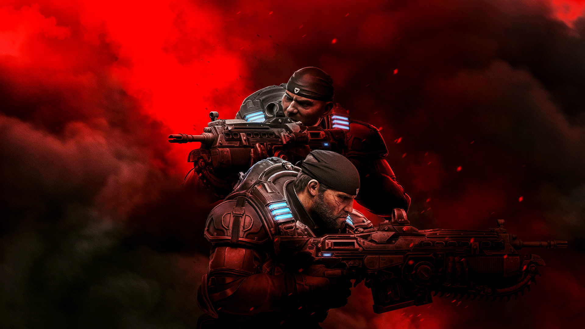 Two armed characters stand against a red background in Gears 5 key art.