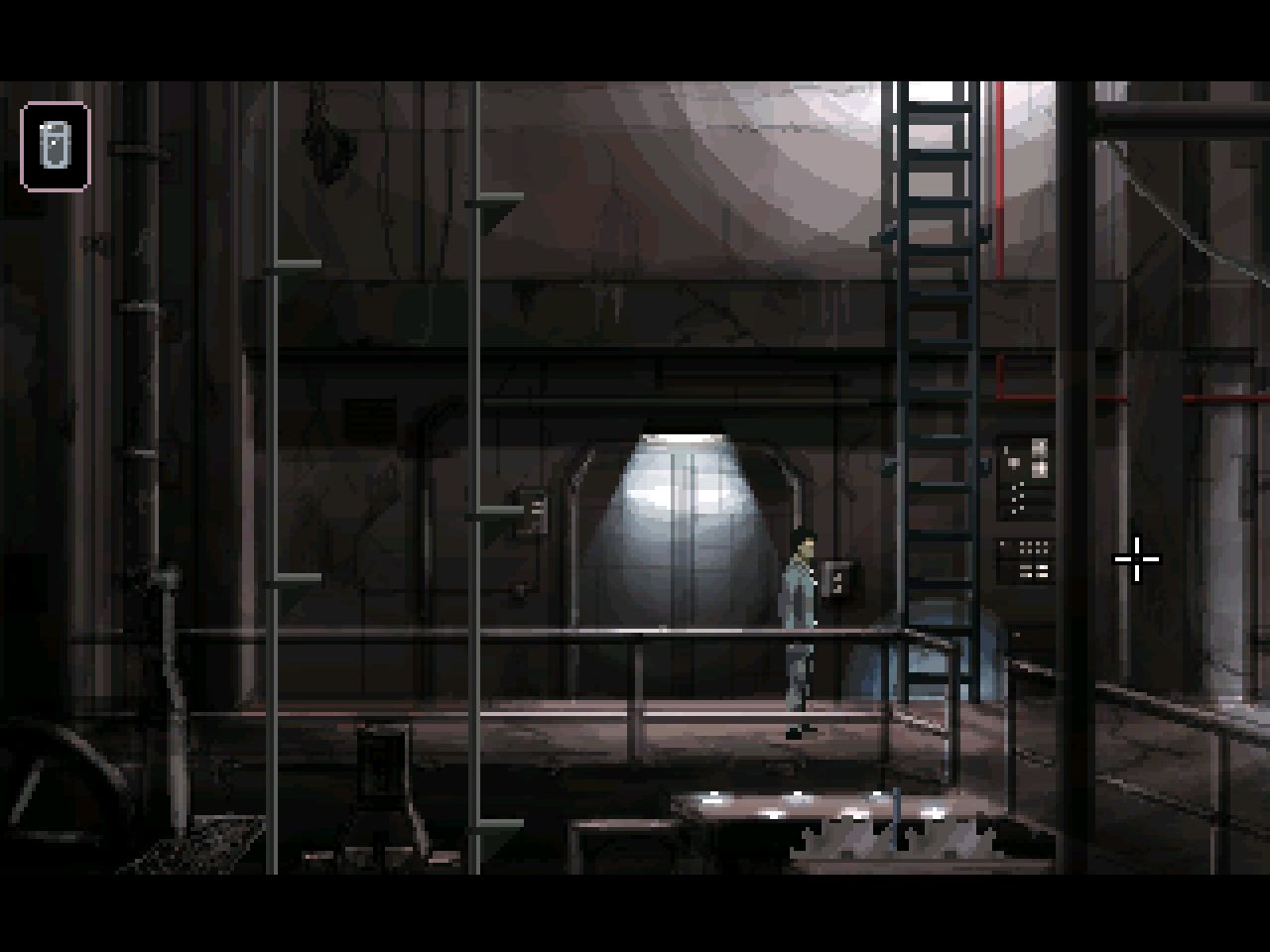 Azriel explores a dim industrial interior beneath suspended machinery.