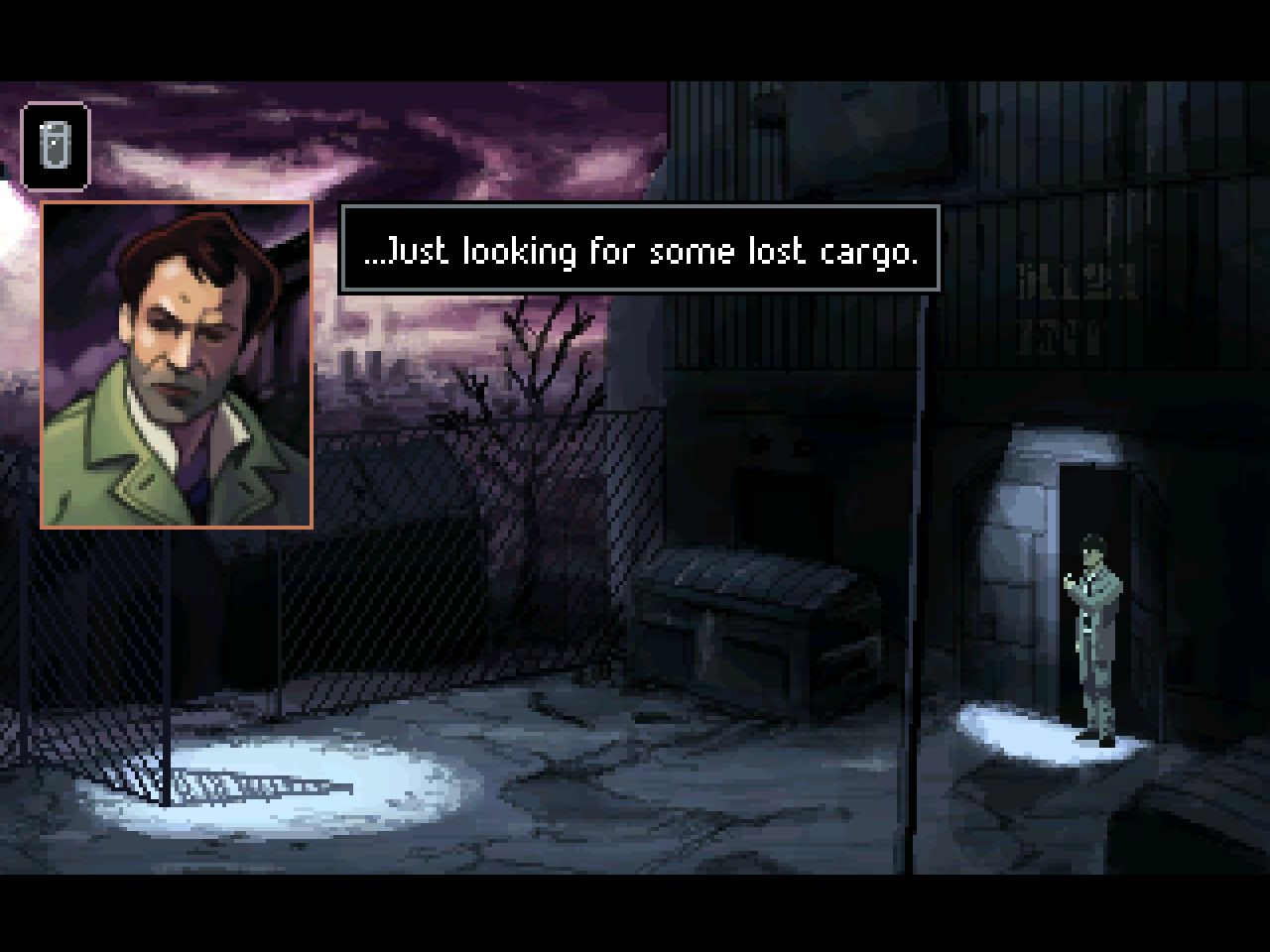 A conversation unfolds in an alley under the city’s elevated structures.