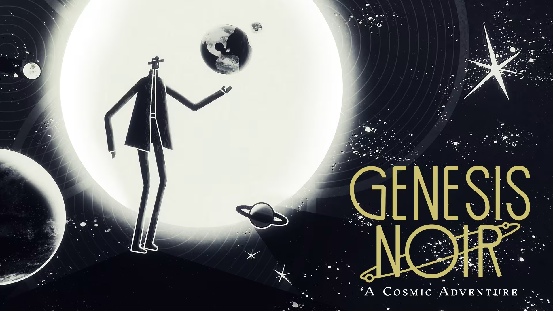No Man holds a planet beneath a bright disc beside the Genesis Noir title.