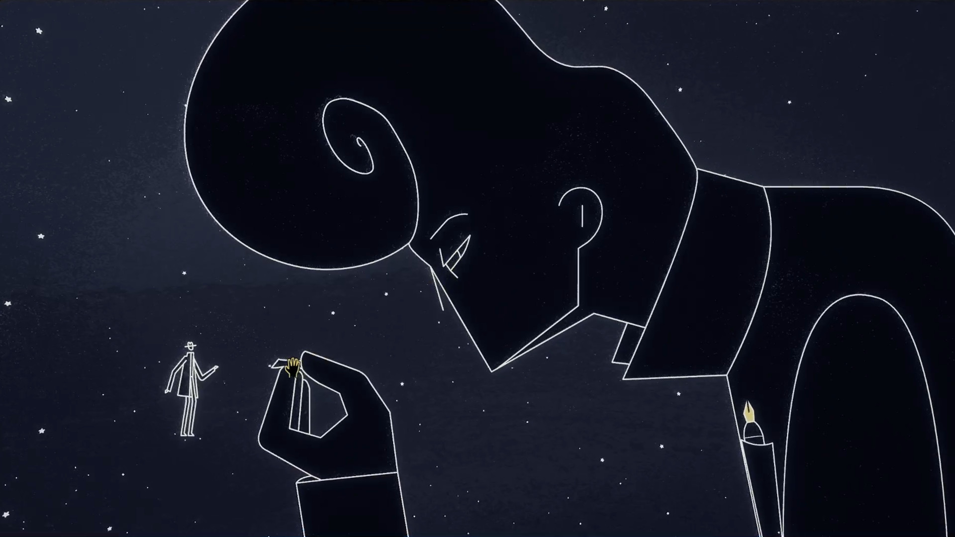 No Man appears as a small figure beneath a vast celestial silhouette.