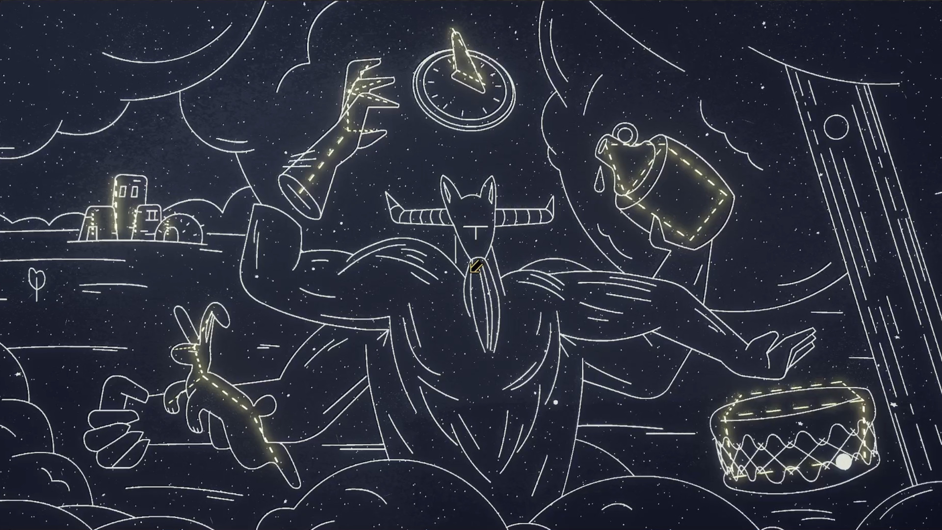 A cosmic figure reaches across a night sky filled with objects and constellations.