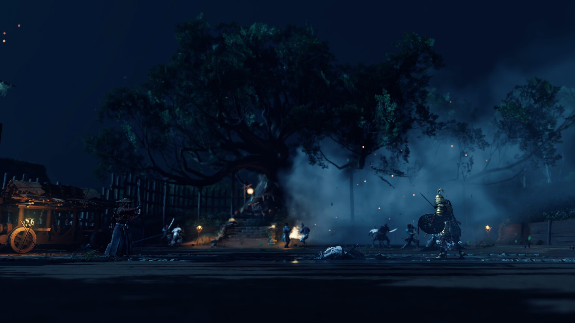 A battle unfolds at night amid smoke and fire.