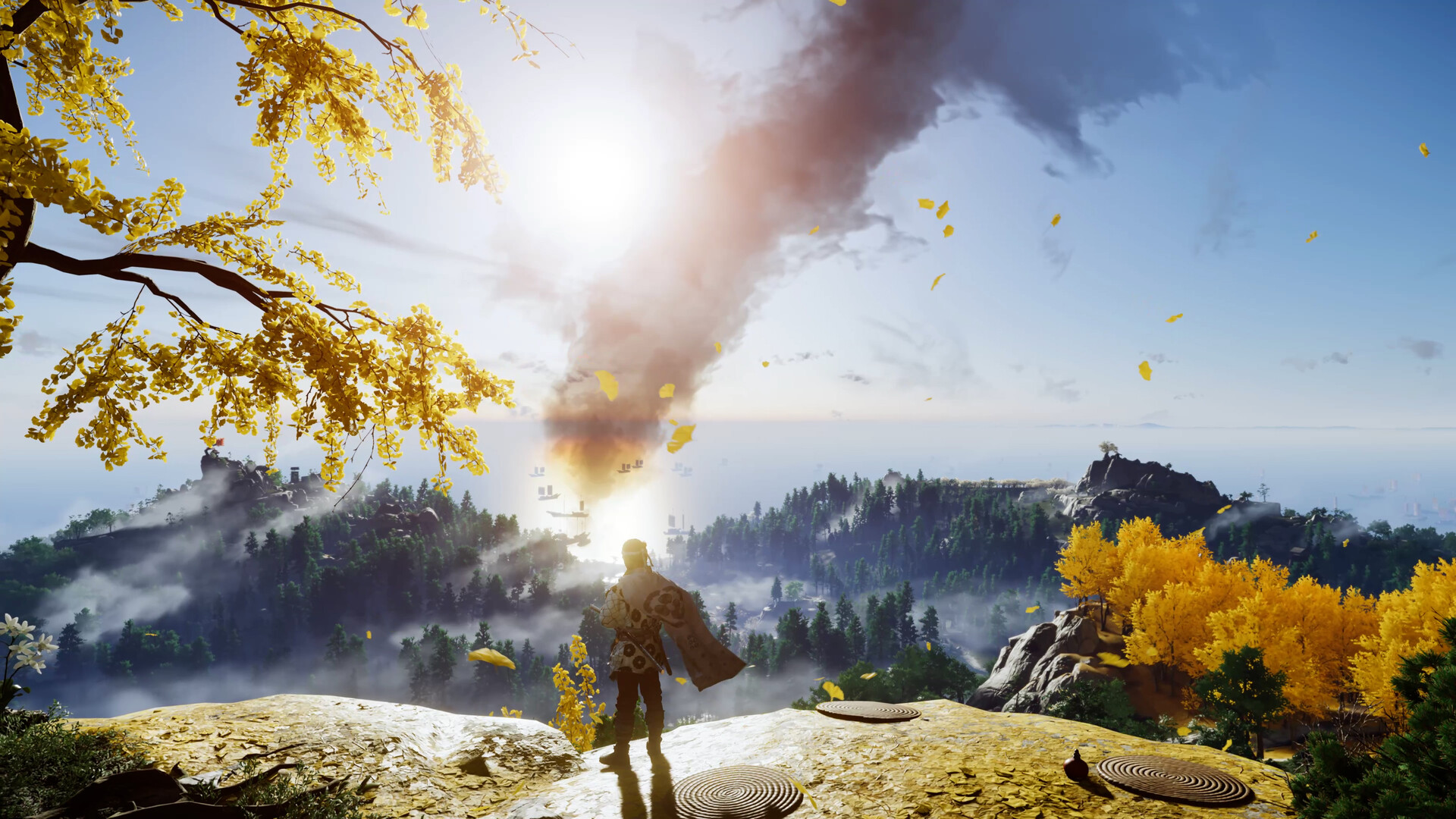 Jin overlooks a coastline beneath autumn trees.