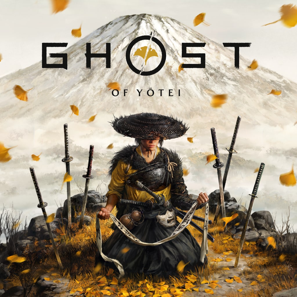 Ghost of Yōtei promotional art shows Atsu seated among swords and autumn leaves.