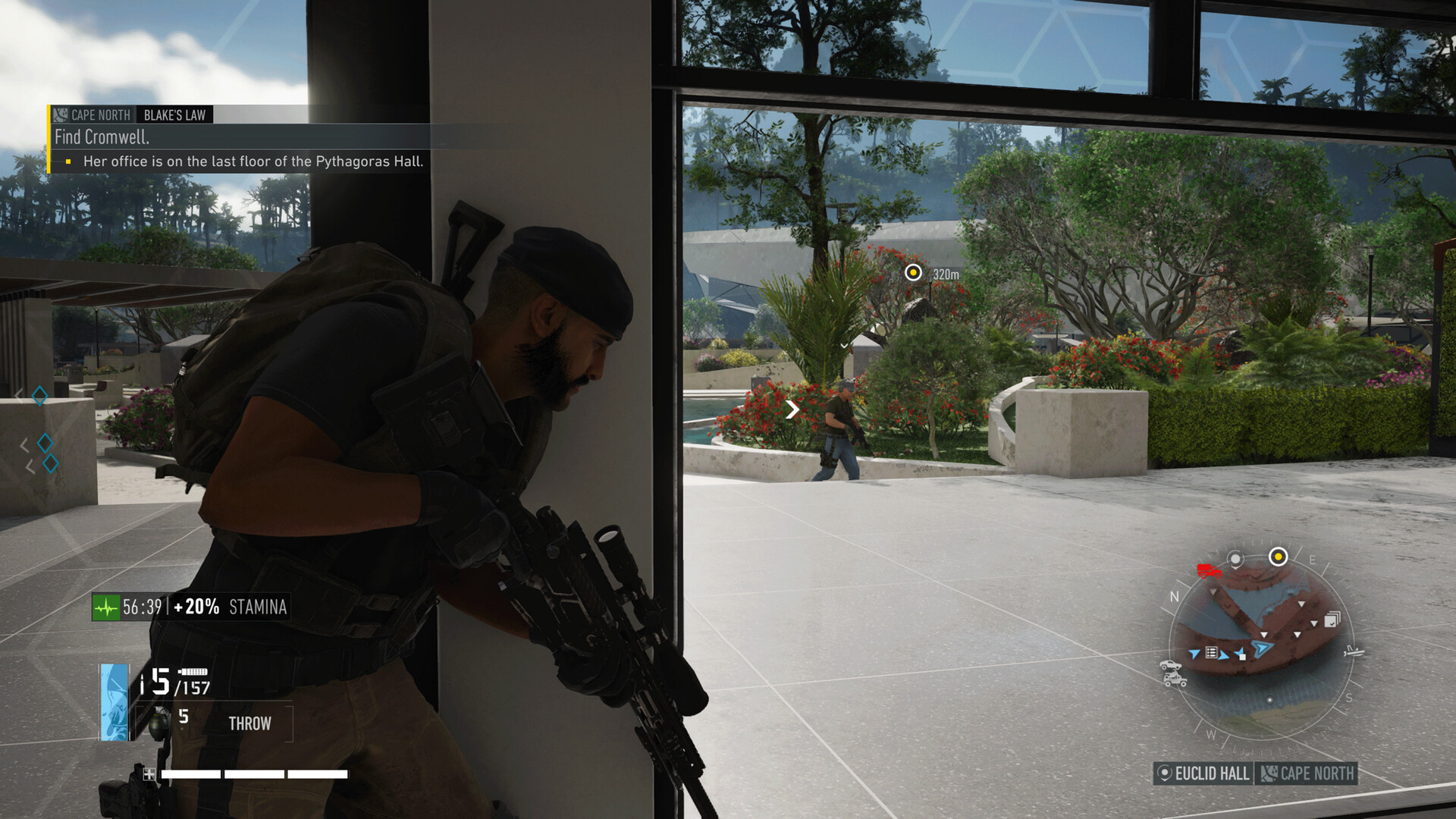 A Ghost takes cover while enemies patrol outside.