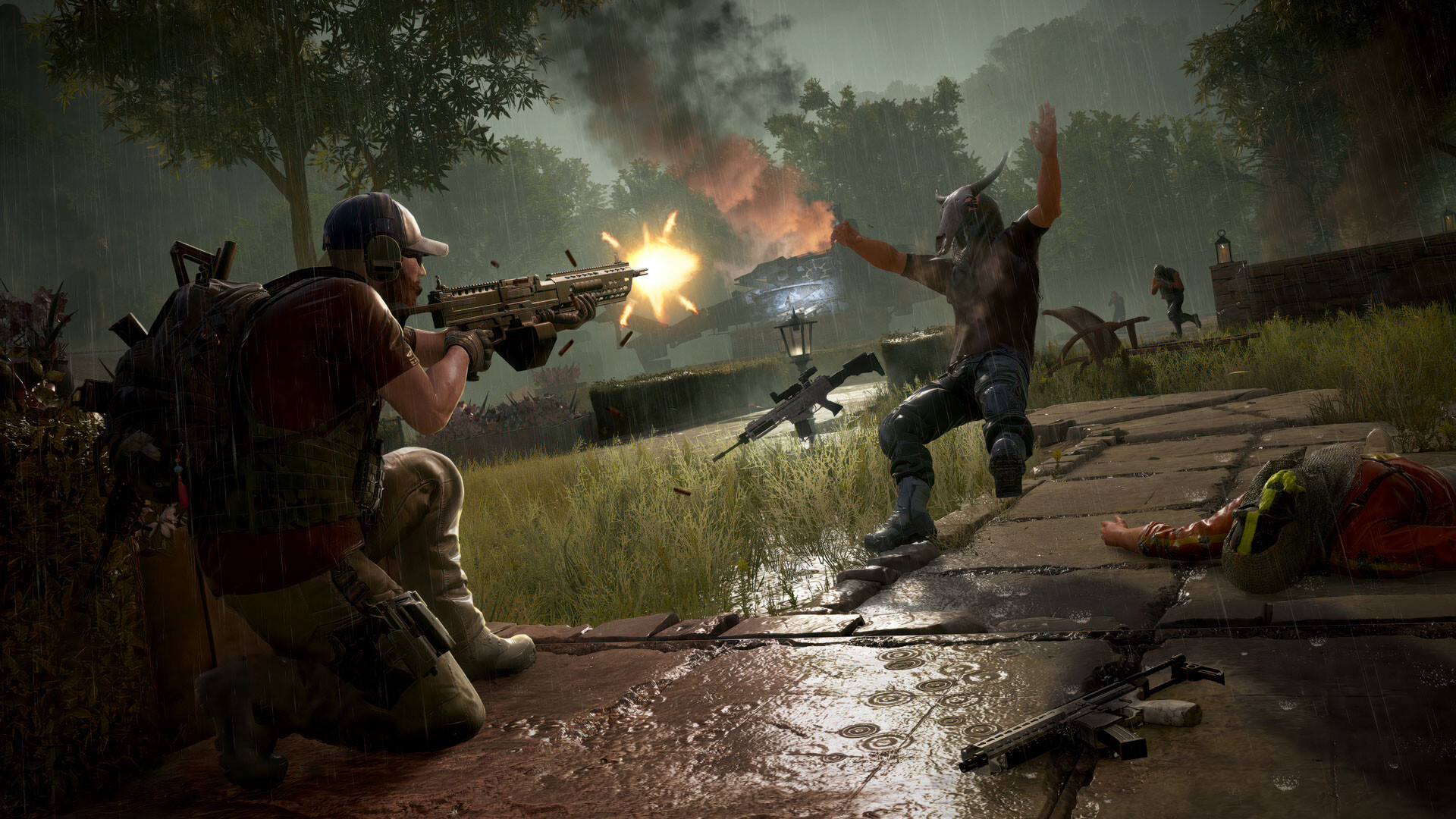 A Ghost fires on an armed opponent on a rural road.